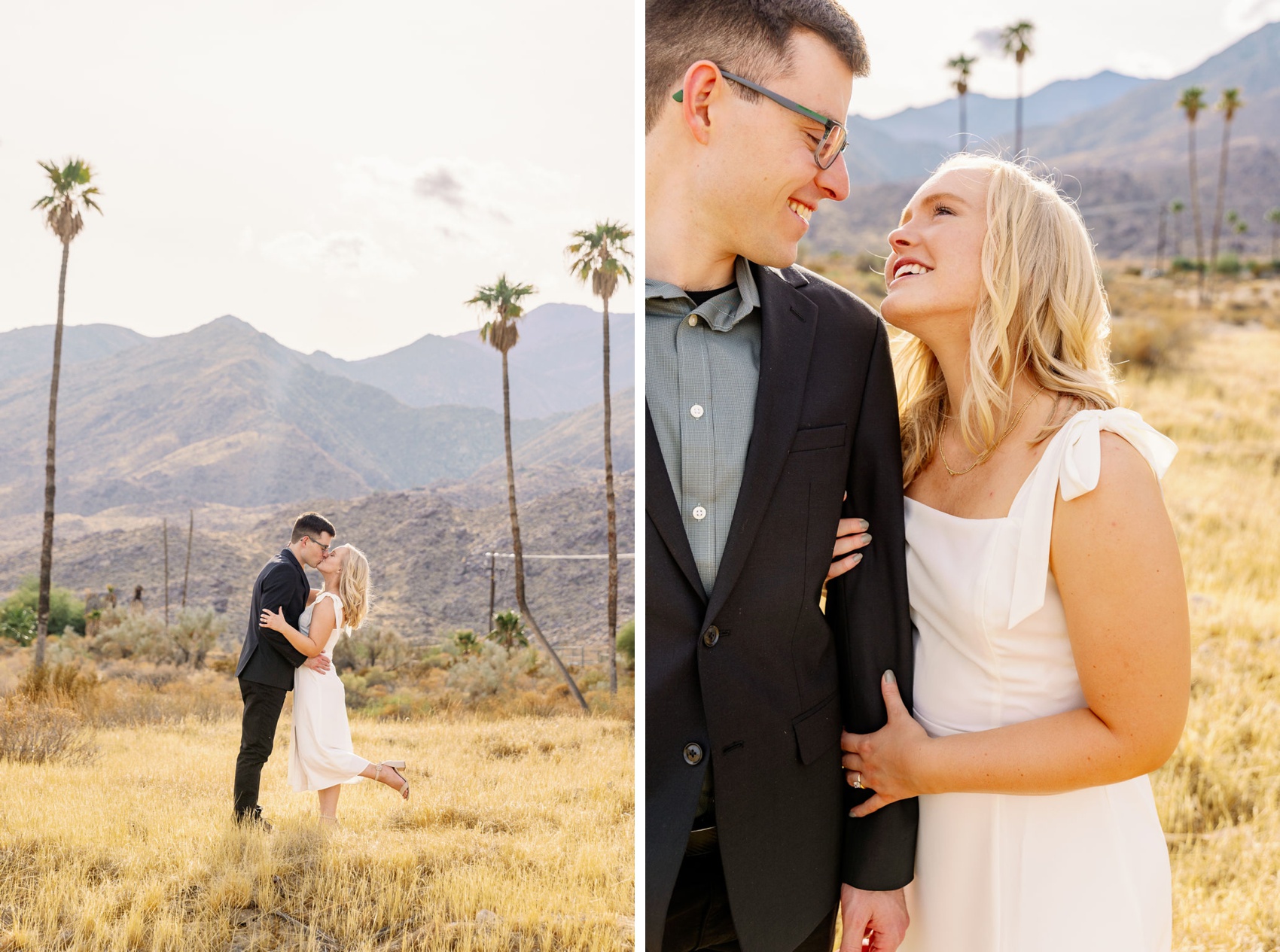 Happy engaged couple in white and black share a kiss next to the woman smiling up to her fiancee at kimpton rowan palm springs hotel