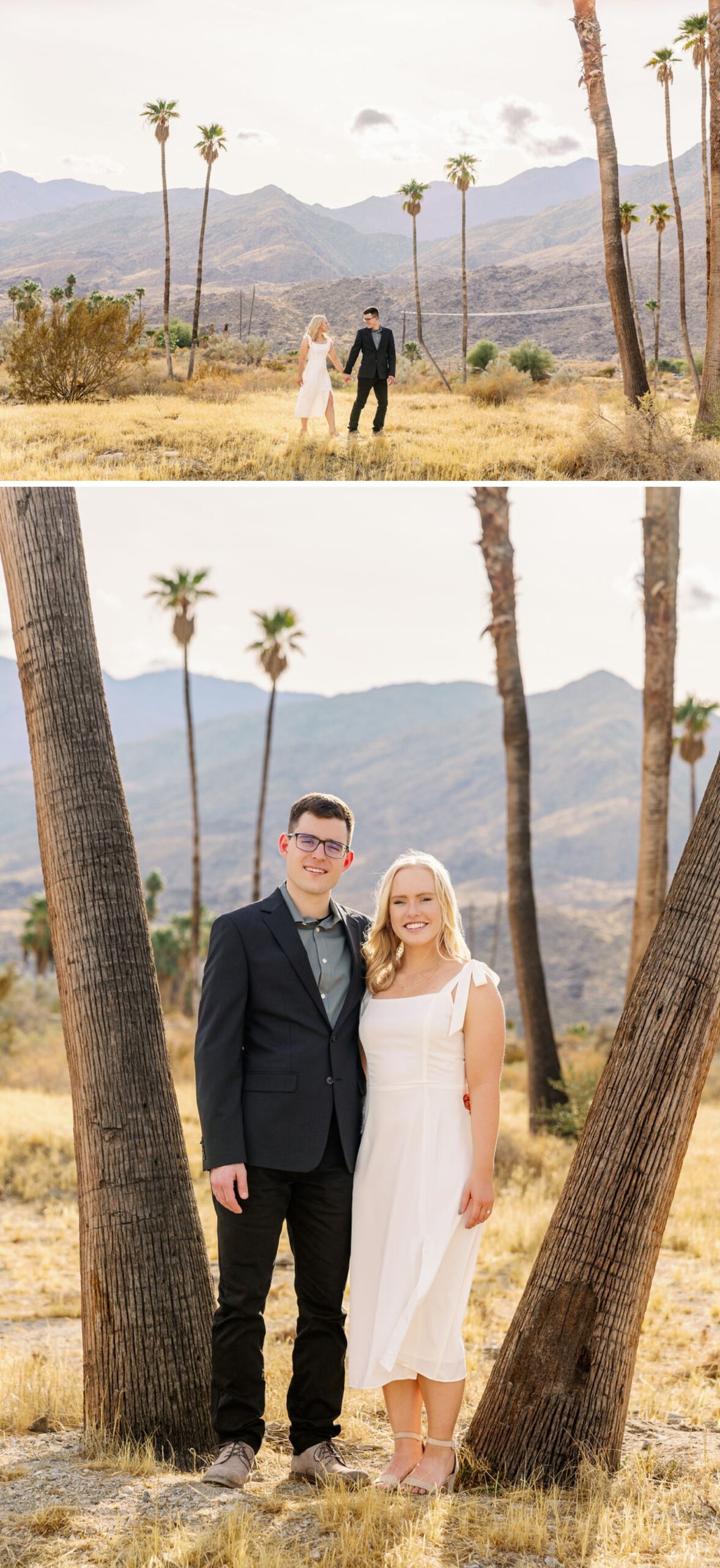 A happy couple smile and walk in the desert among tall palm trees in a black suit and white dress