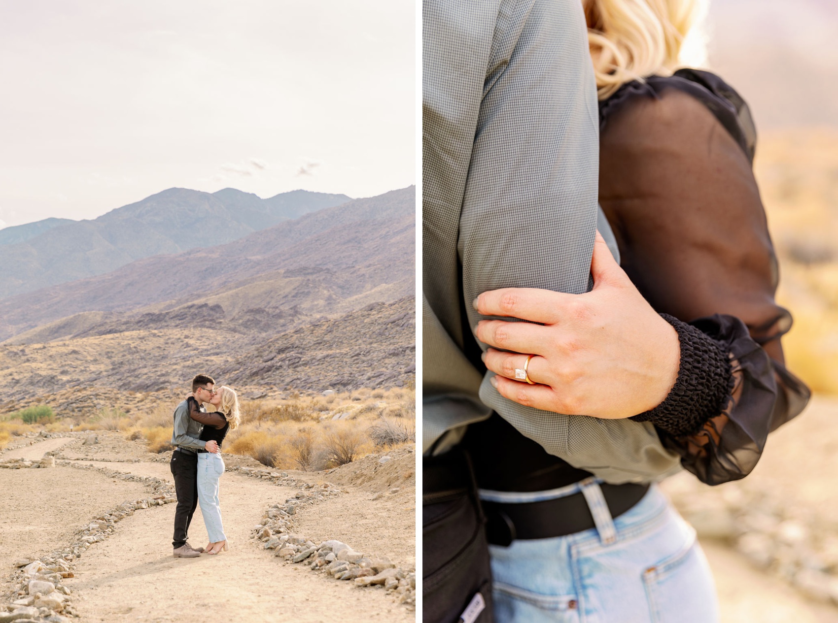 A happy couple shares a kiss in a desert trail next to details of the ring on her finger at kimpton rowan palm springs hotel