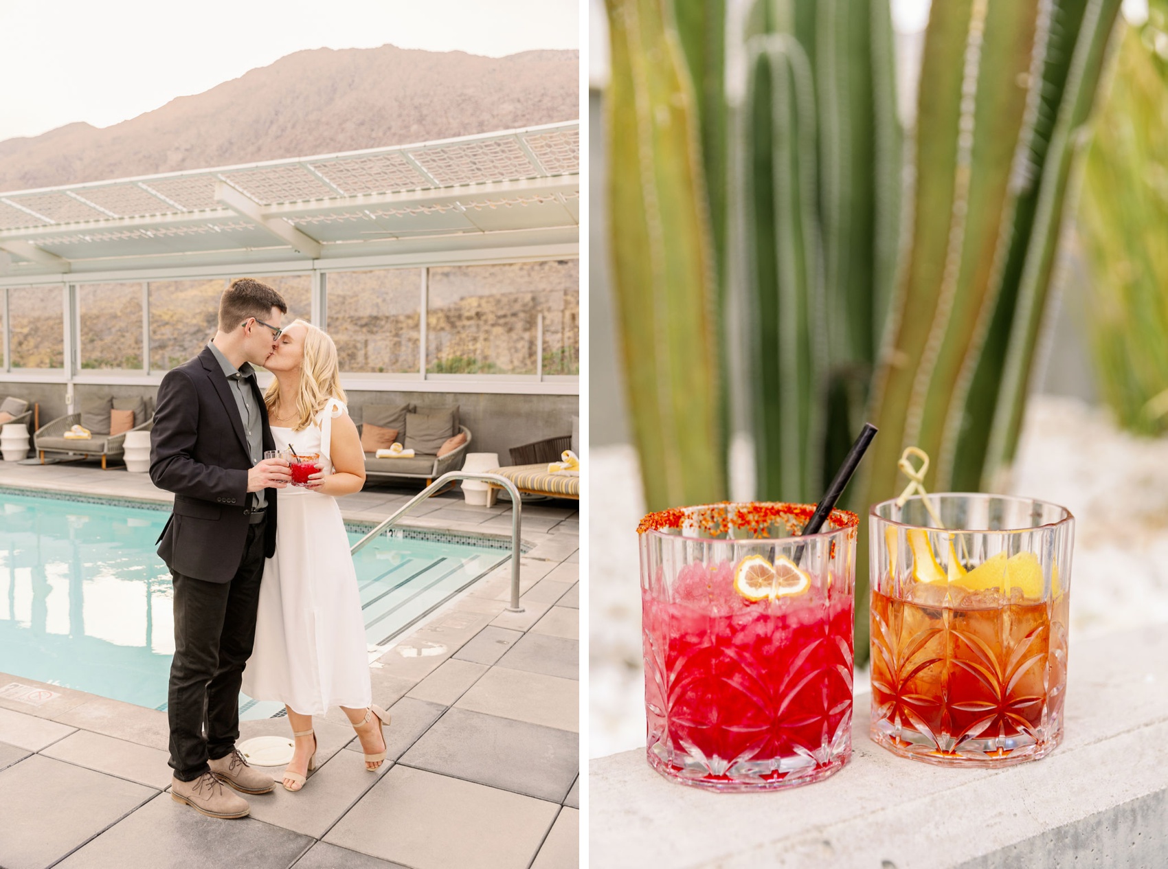 An engaged couple share a kiss by the pool holding drink shown next to them while wearing black suit and white dress