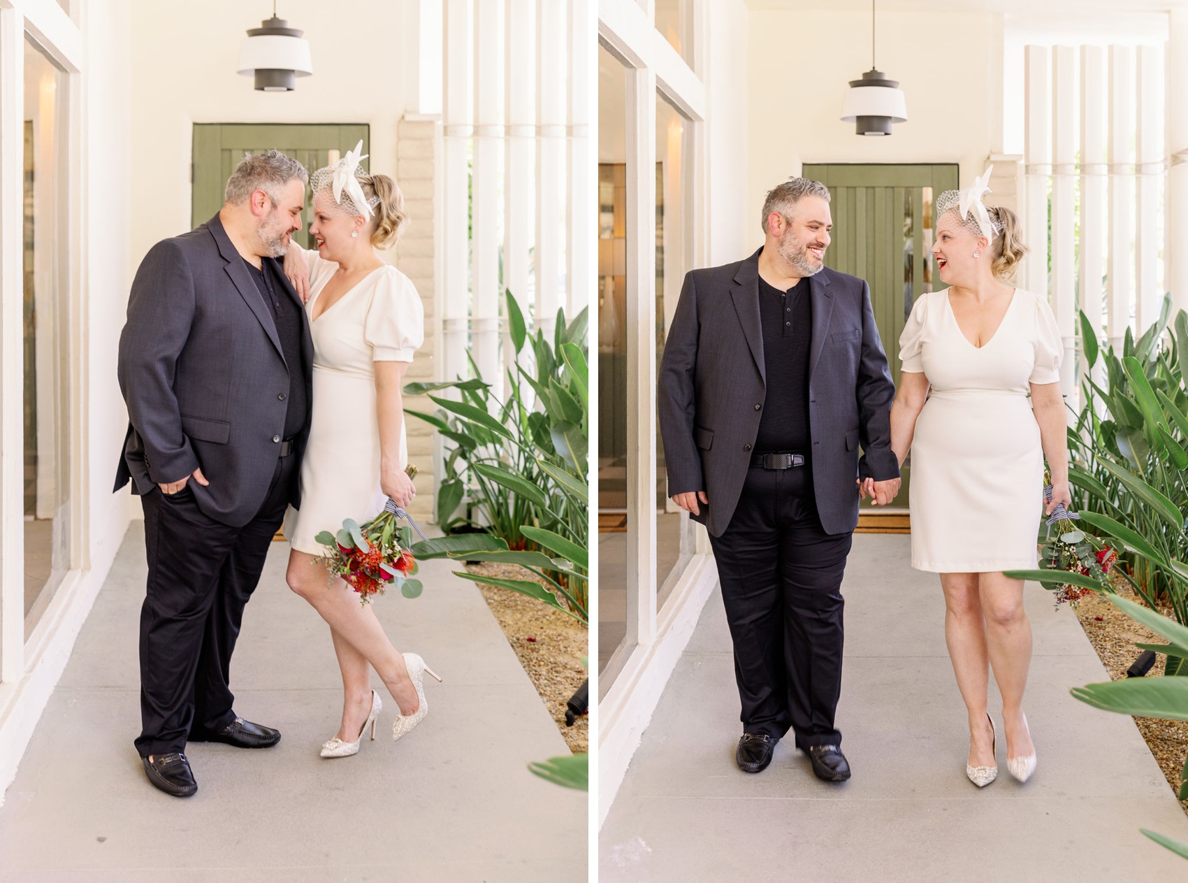 Happy newlyweds laugh and lean in for a kiss at the garden entrance to a building