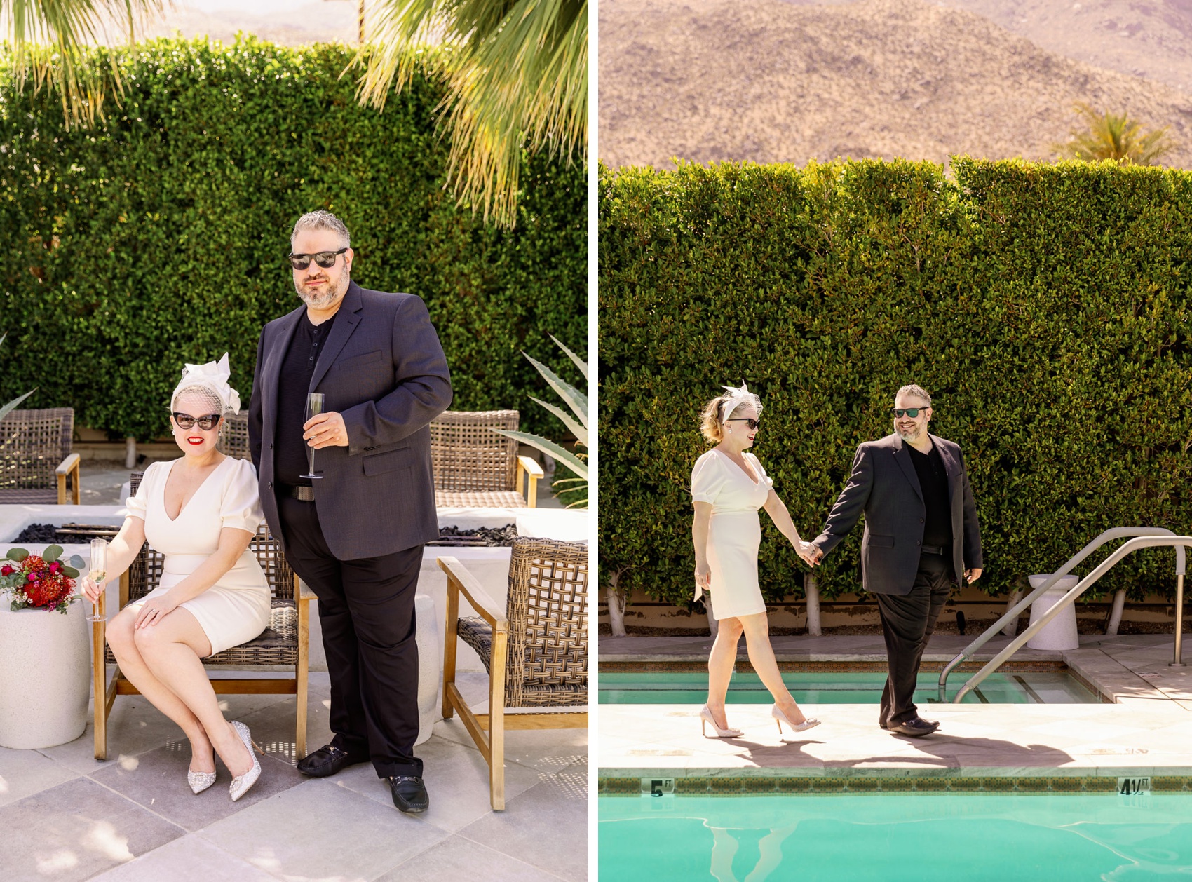A bride and groom walk by the pool holding hands next to them sitting and standing in pool chairs