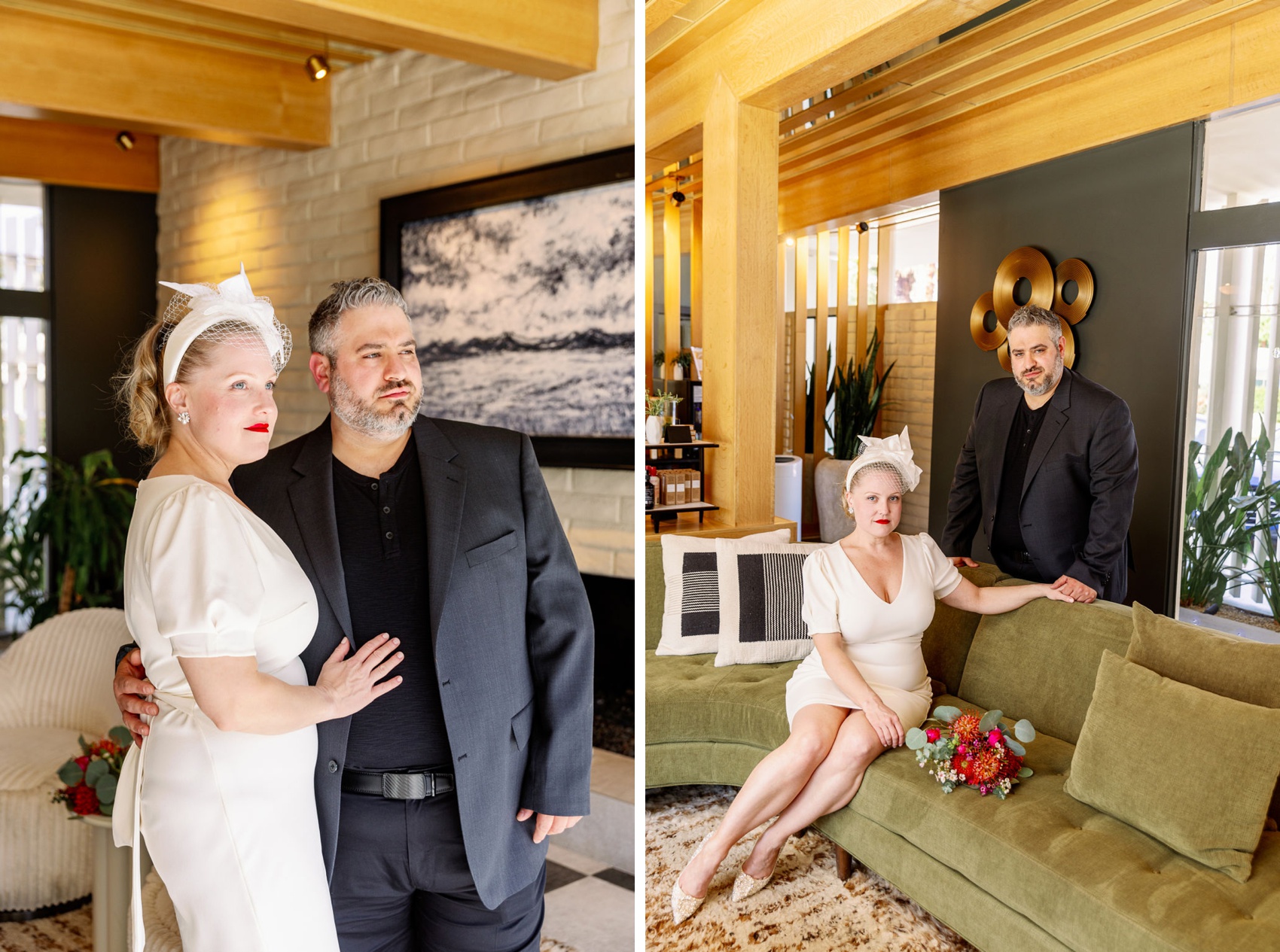 A bride and groom watch the sunset from inside next to them lounging around a mid century modern space during their palm springs art museum wedding