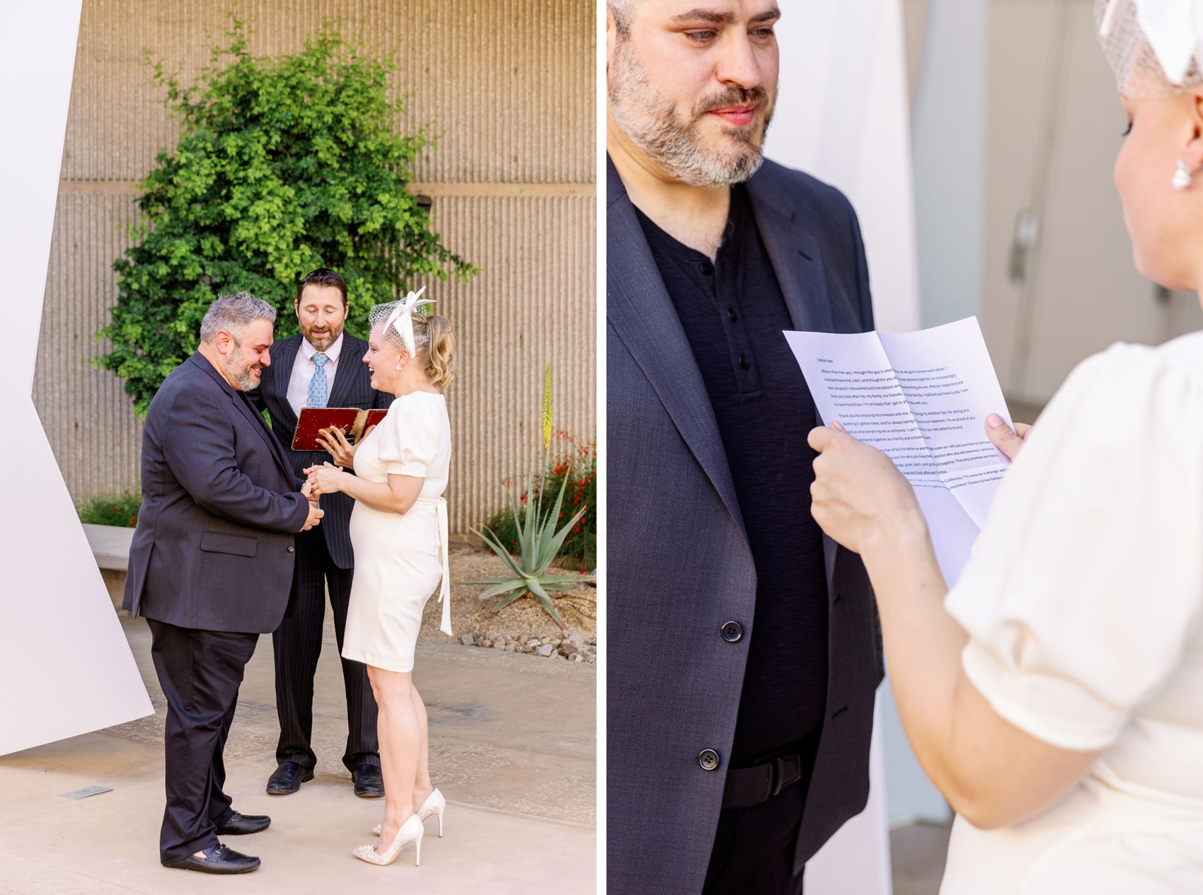 A bride reads her vows s the groom listens next to them holding hands during their ceremony