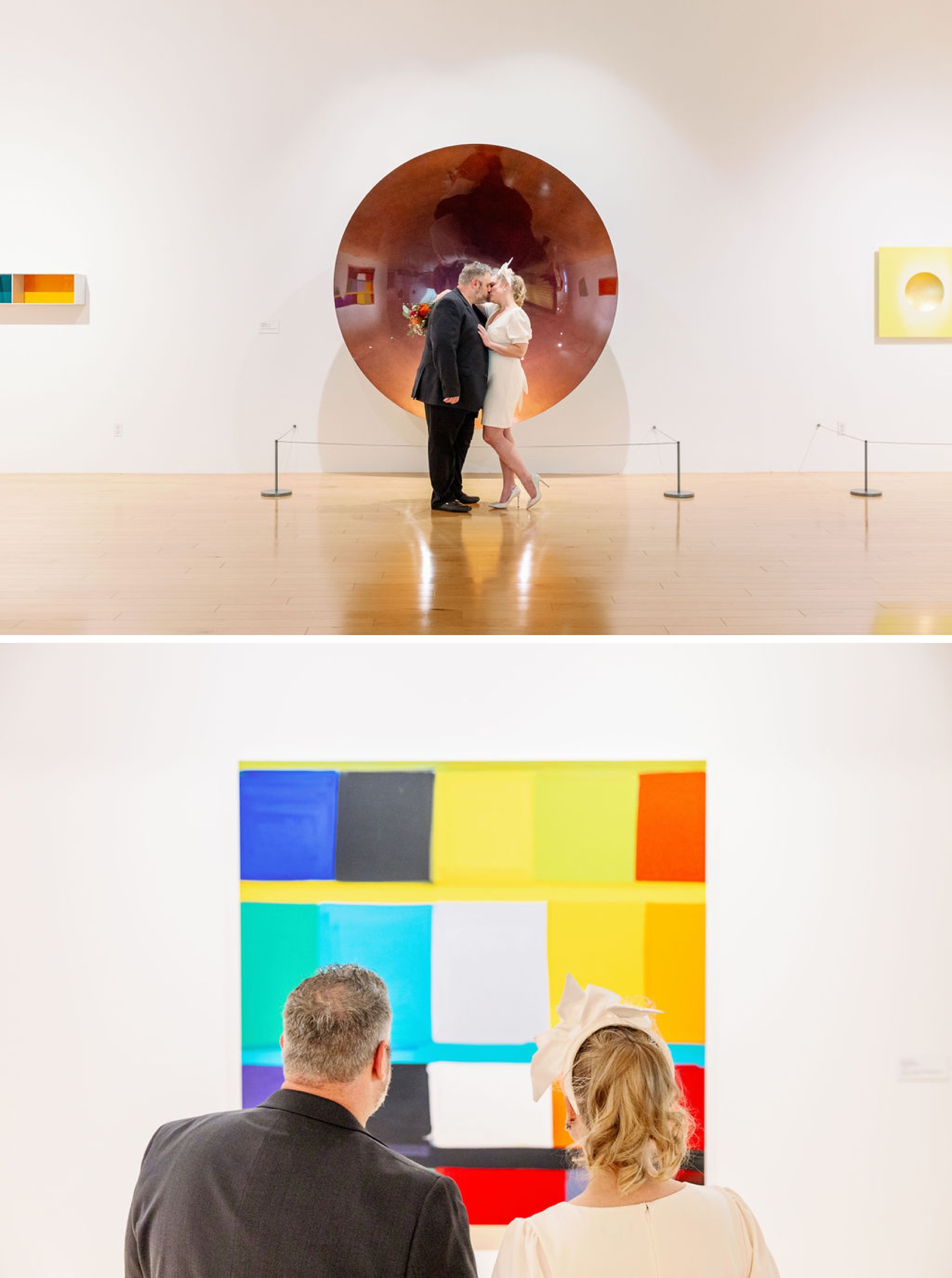Newlyweds admire art beneath them kissing in front of a piece at their palm springs art museum wedding