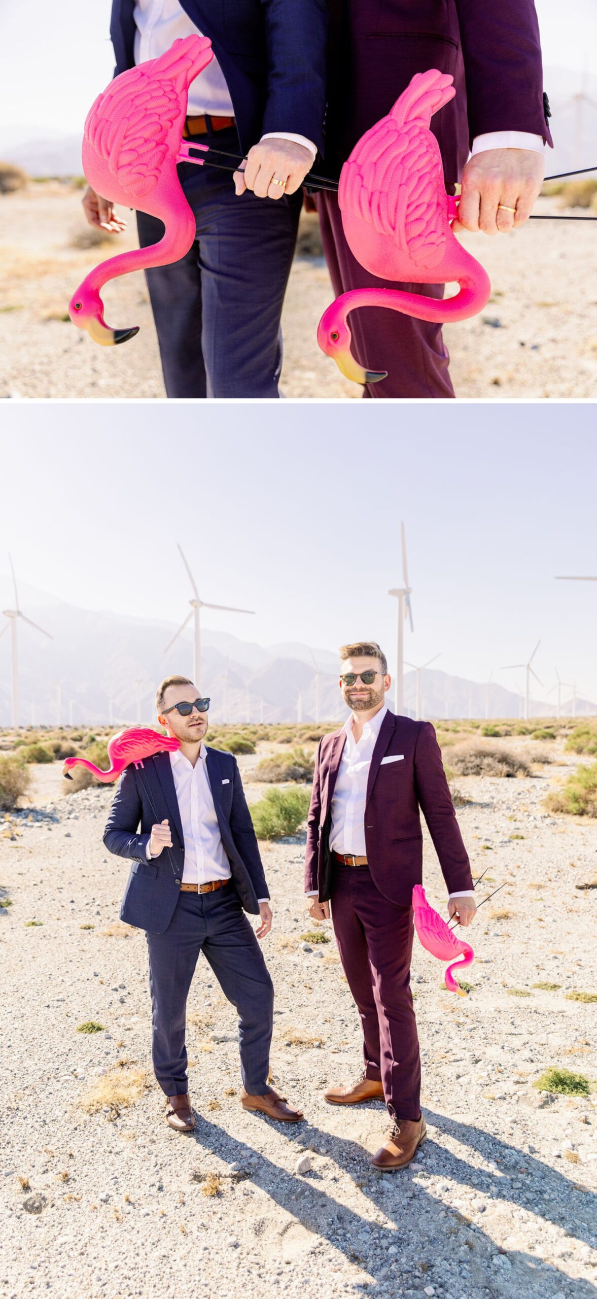 Details of men holding pink flamingos above them standing in a desert holding them in purple and blue suits