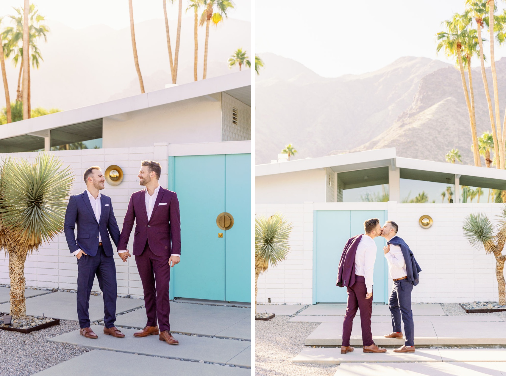 A happy engaged couple in purple suits hold hands and kiss in front of a chic home in the desert capture by a palm springs engagement photographer