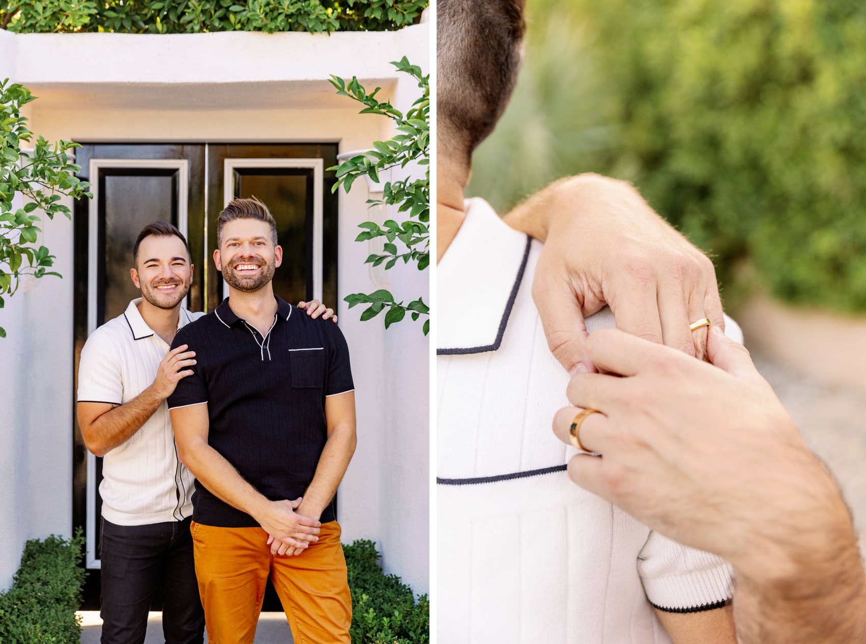 A happy couple in black and white shirts stand together smiling next to details of their engagement rings on one's shoulder captured by a palm springs engagement photographer