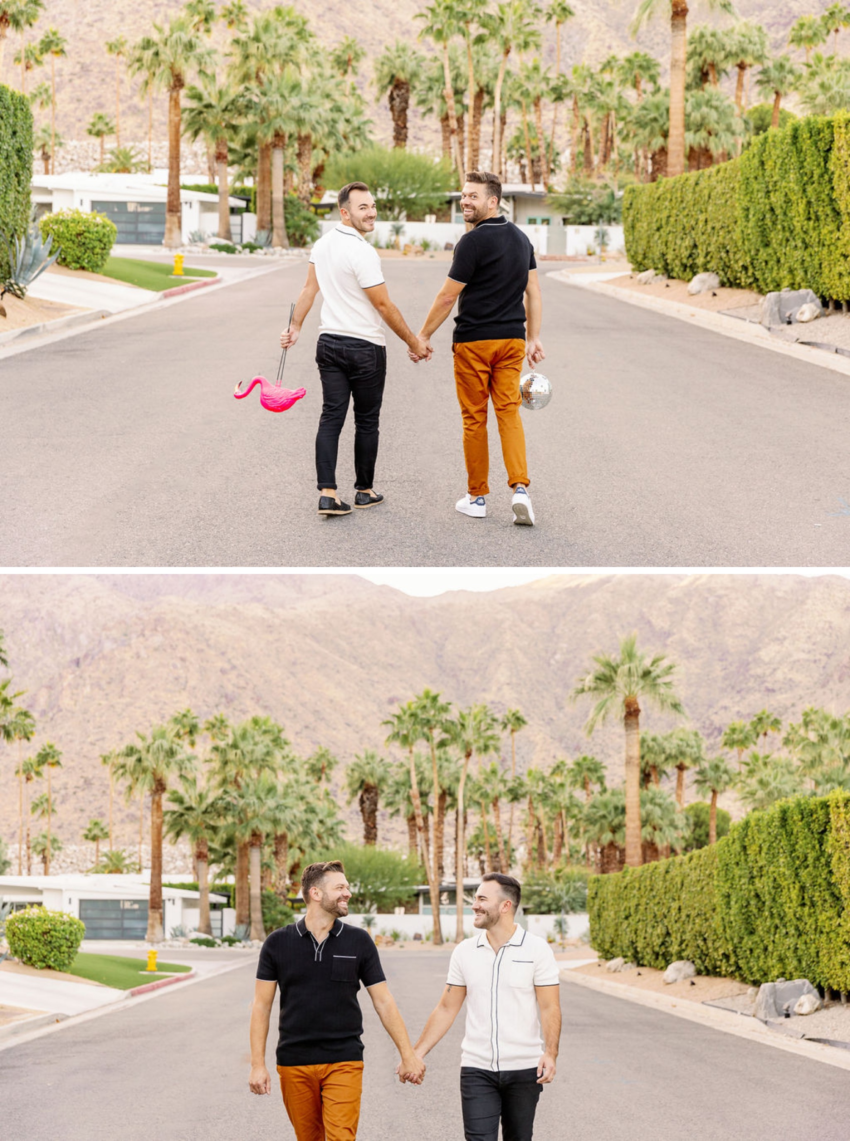 A happy couple walks hand in hand smiling over their shoulders and at each other down a street lined with palm trees