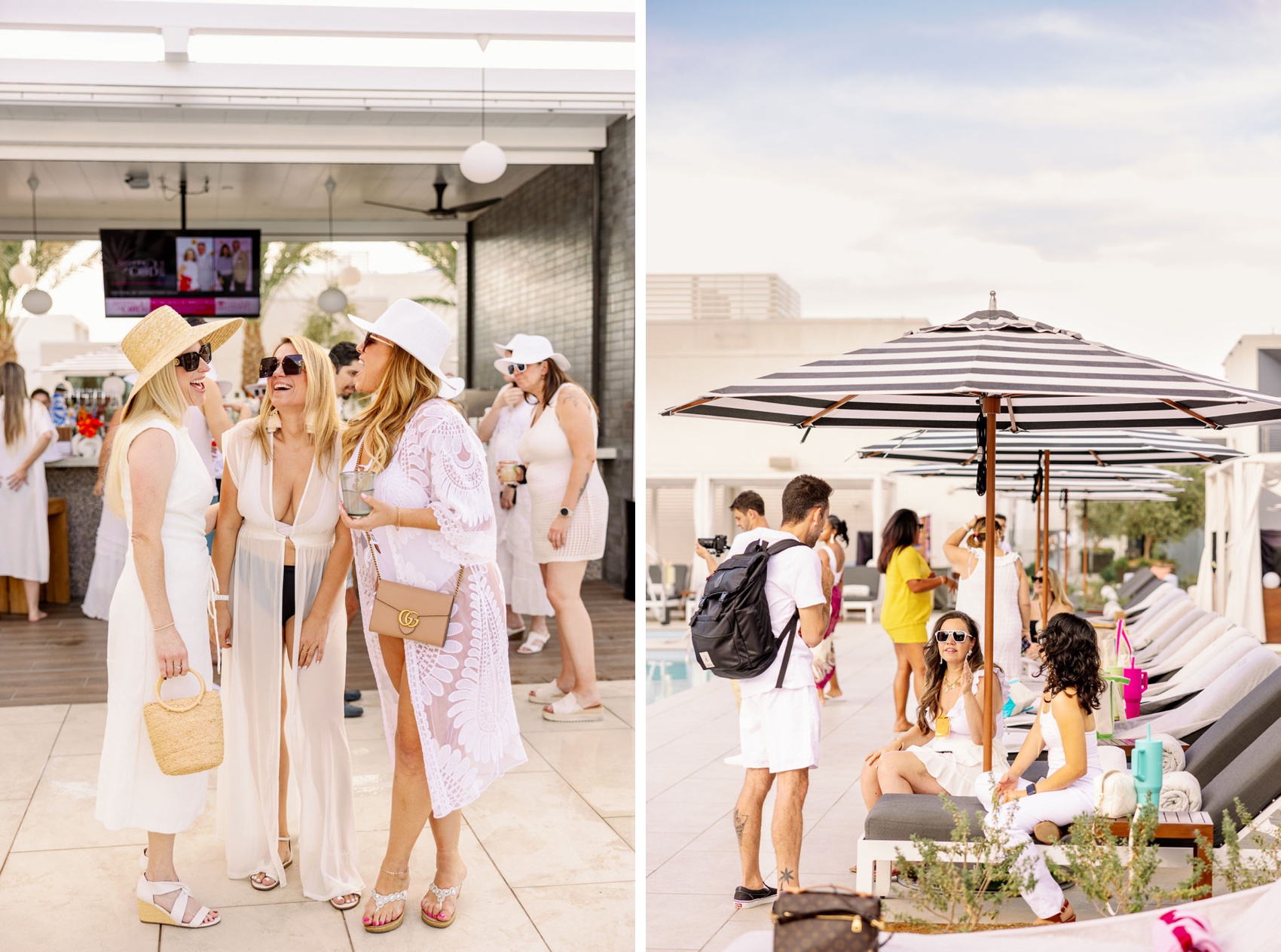 Friends all in white laugh and chat at the bar and under umbrellas by the pool
