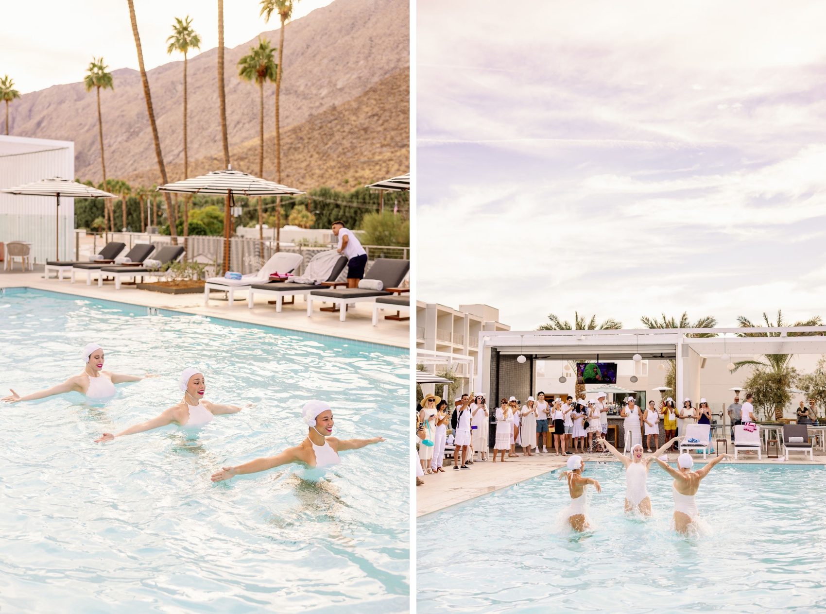Live shots of a synchronized swimming performance in the pool at sunset as guests watch by the bar
