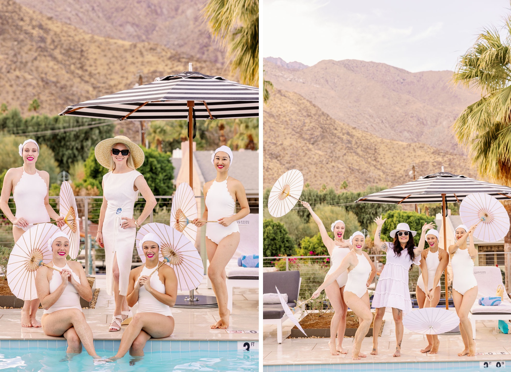 Two women stand and smile and play with some synchronized swimmers by the pool at thompson hotel palm springs
