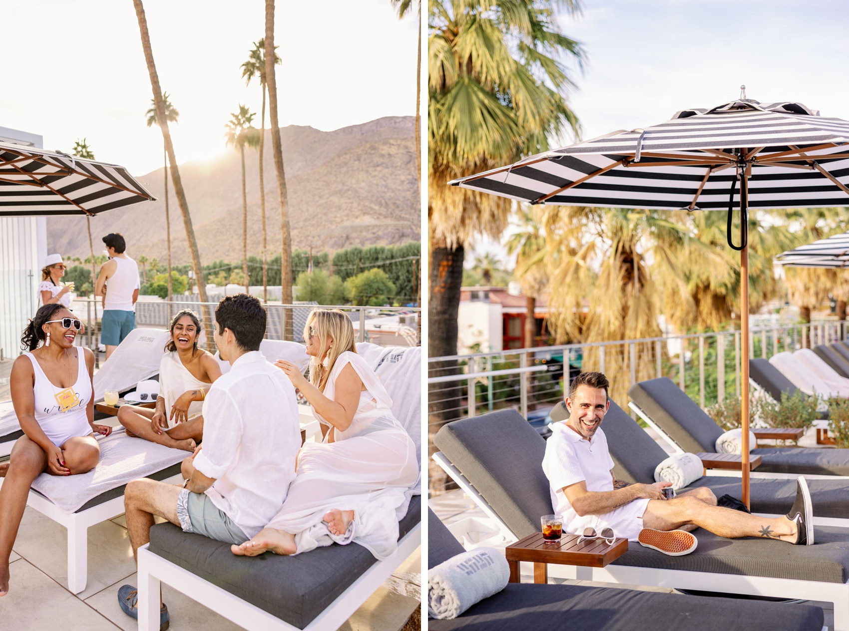 A group of friends hang out on pool chairs laughing at thompson hotel palm springs