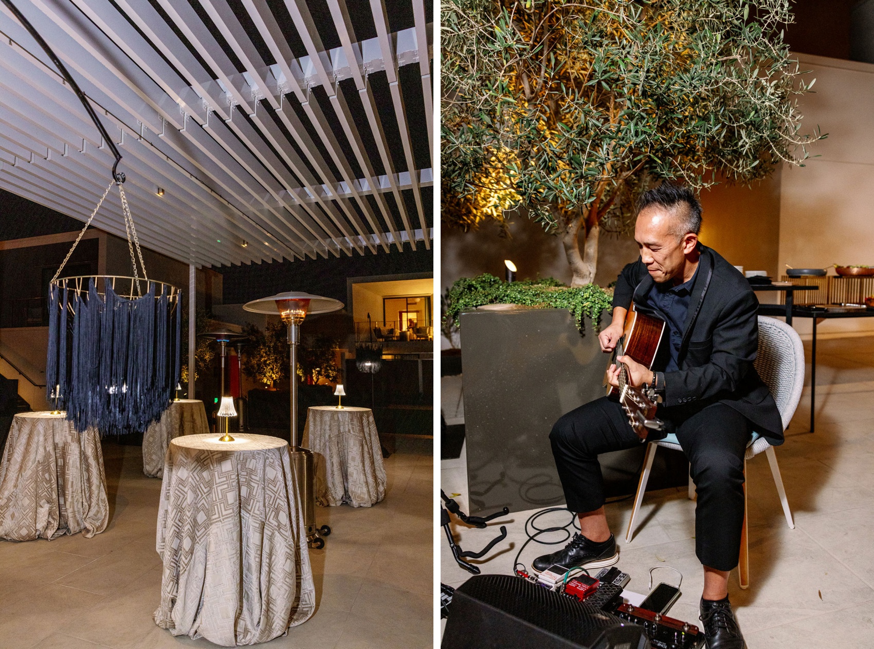 A man plays acoustic guitar on a chair next to cocktail tables set up with heat lamp