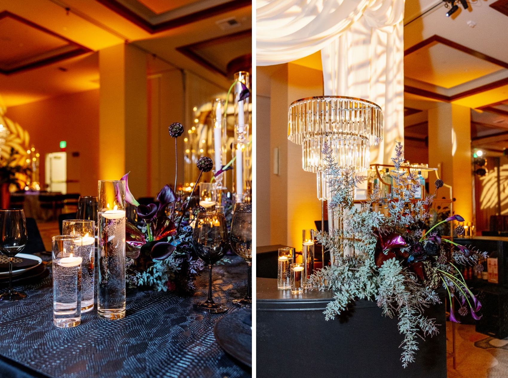 Details of dark purple and black floral arrangements