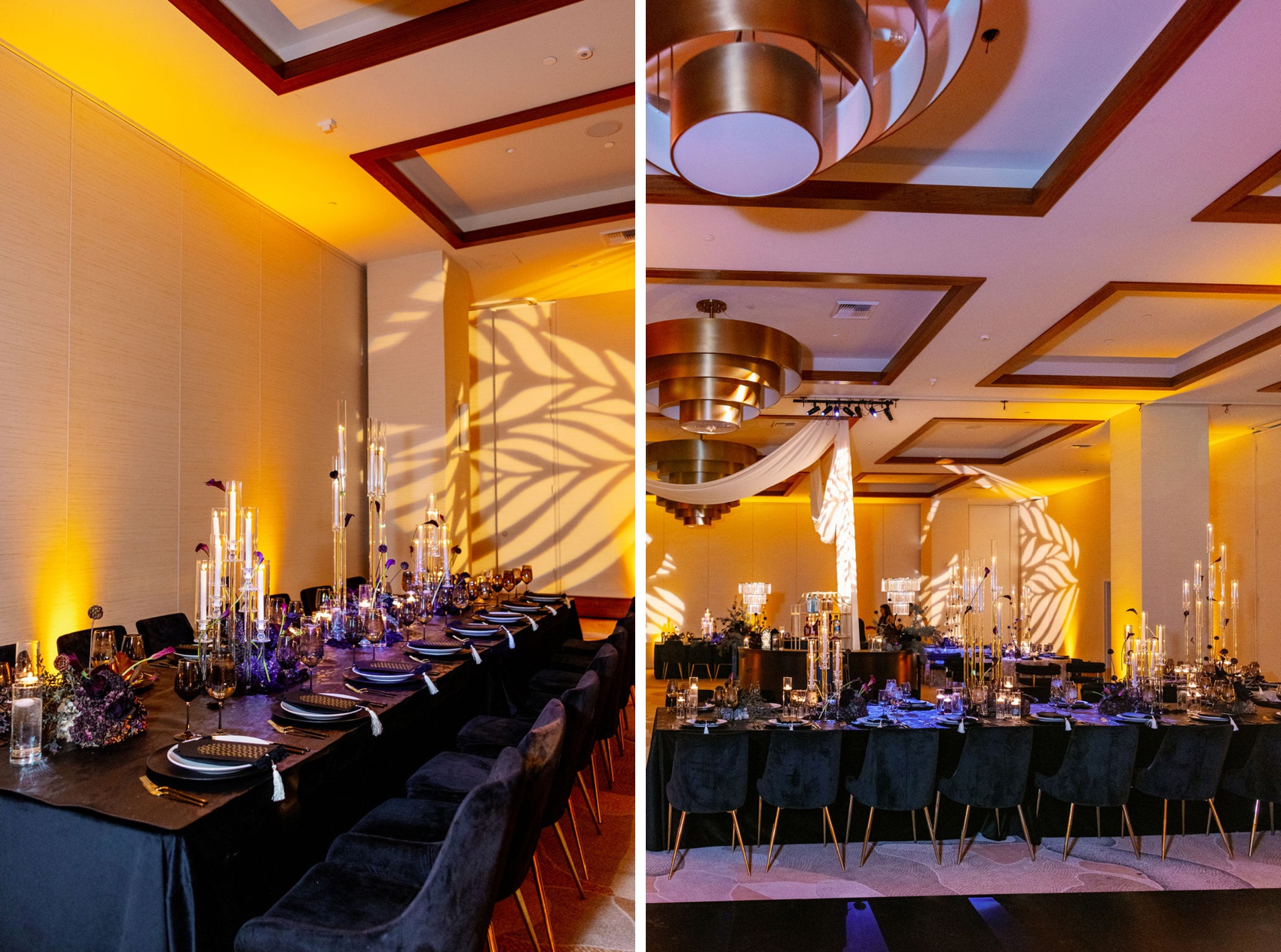 Details of a dramatically lit ballroom with reception table using black linen and chairs at thompson hotel palm springs