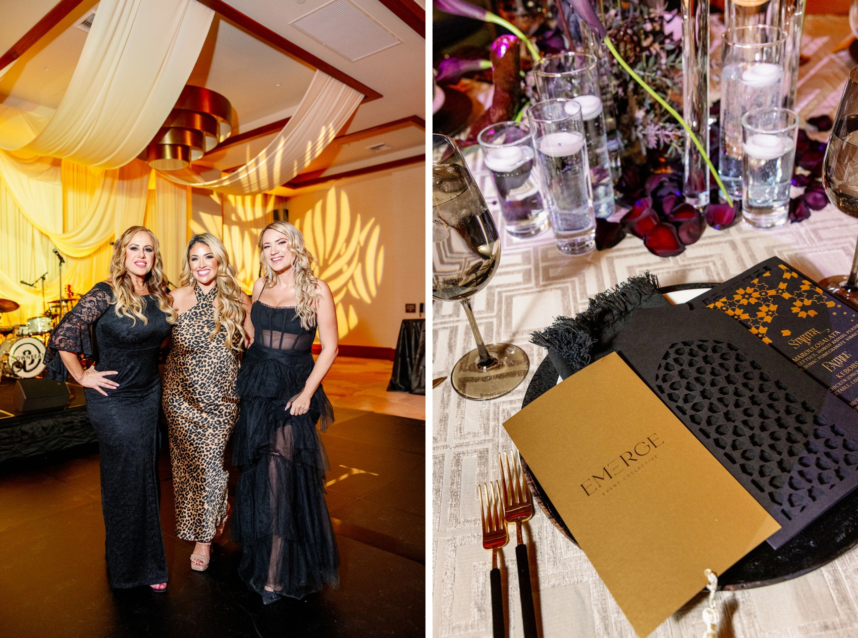Three women stand smiling together in glamorous dresses next to a table setting with custom menu and candles at thompson hotel palm springs
