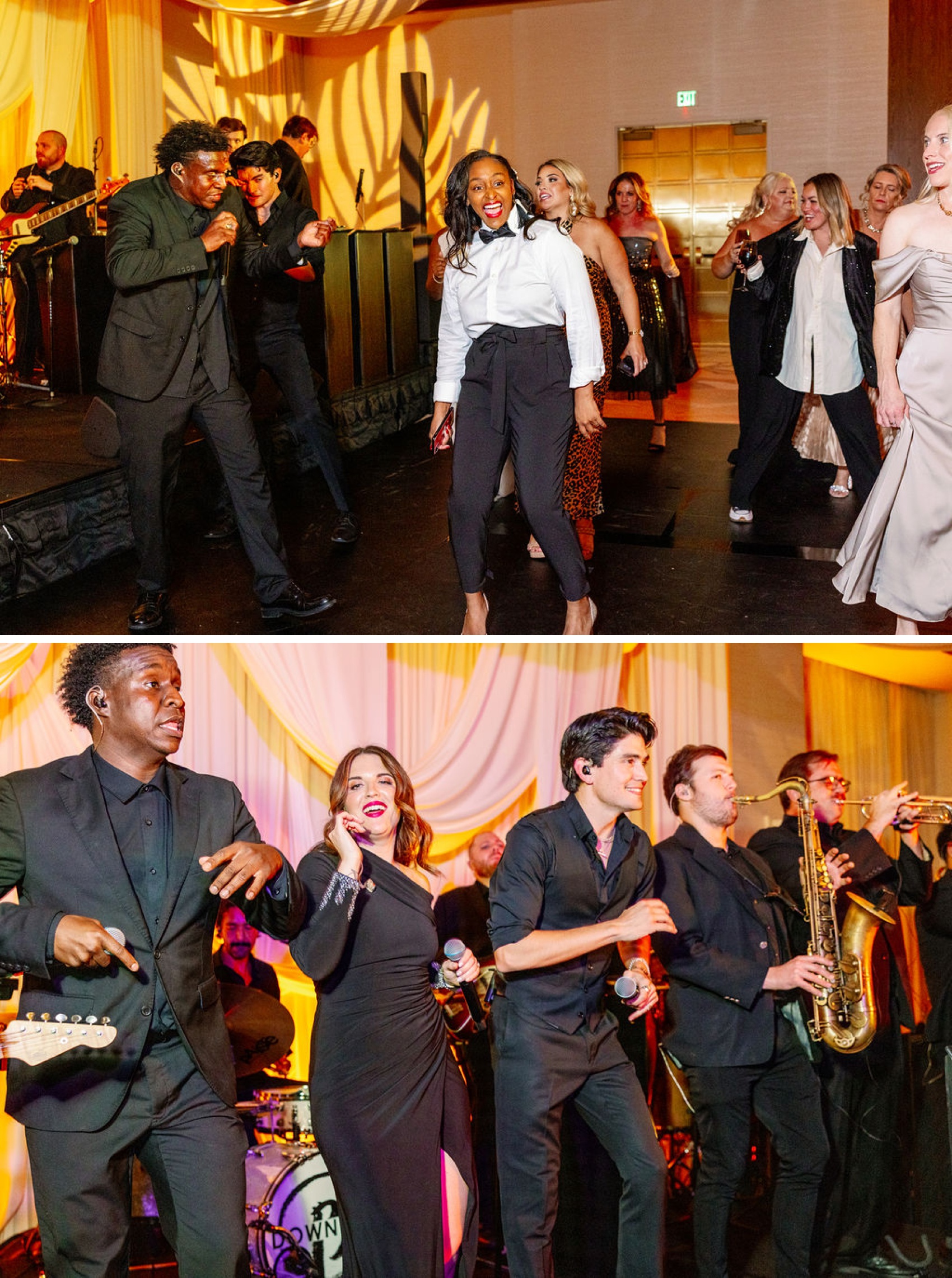 A live band plays with people dancing on the dance floor