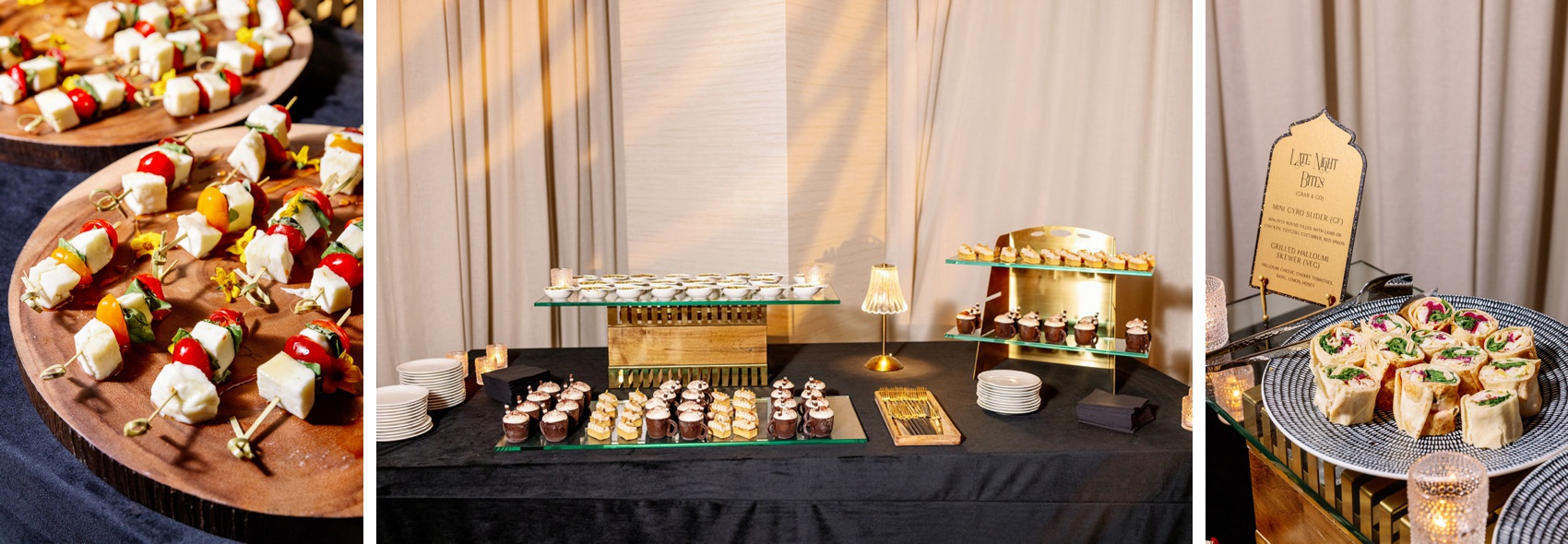 Details of a food spread on black linens with salad kababs, deserts and wraps at thompson hotel palm springs