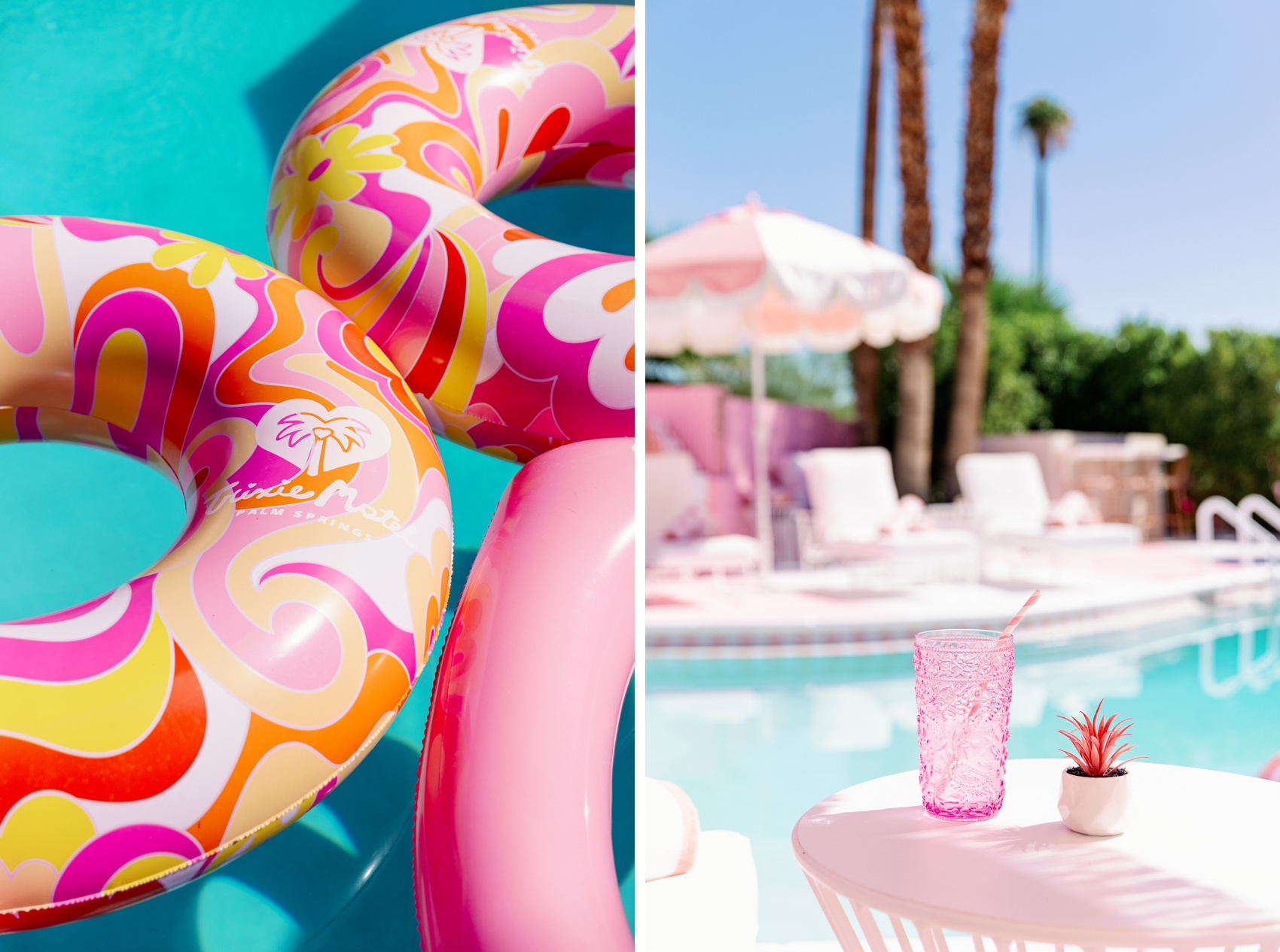 Details of a pool float and pink drink by the pool on a table