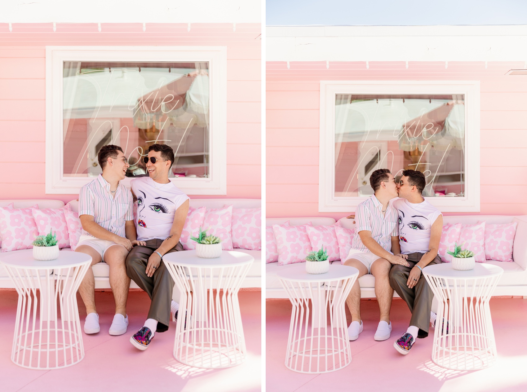 A joyful engaged couple sit and kiss on a pink patio couch