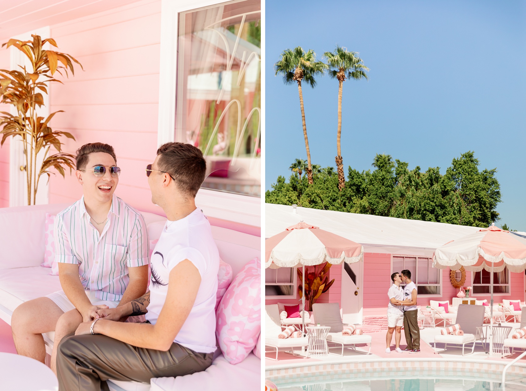 An engaged couple kiss and sit holding hands on a patio bench and by the pool at the trixie motel palm springs