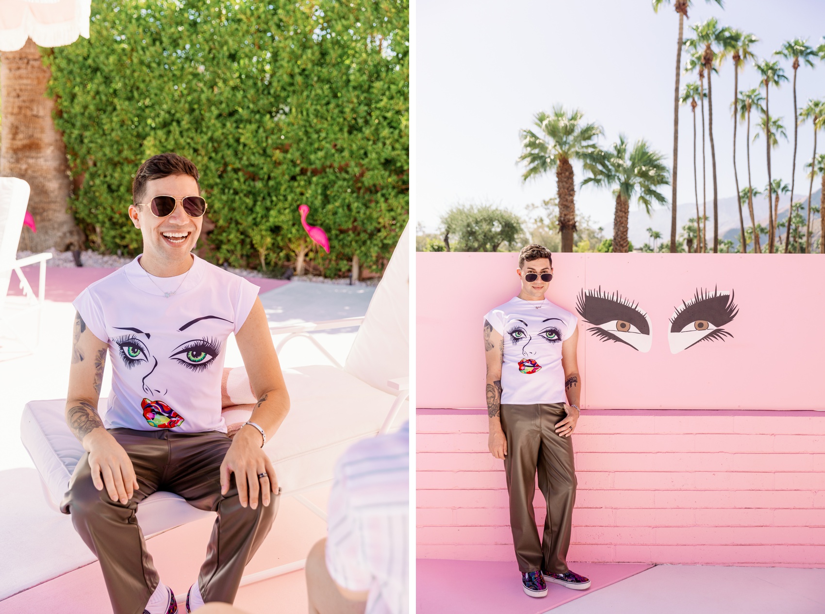 A man in a pink shirt laughs while sitting on a patio bed and leaning against a mural wall with matching eyes to his shirt