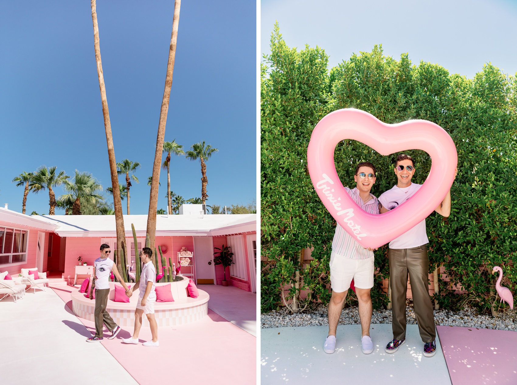 An engaged couple walk holding hands and smile behind a heart shaped inertube at trixie motel palm springs