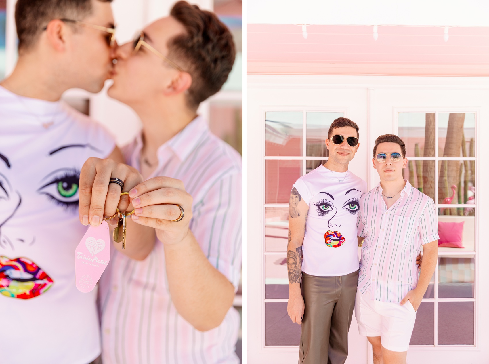 Happy groom kiss while holding their hotel room key next to them smiling in pink shirts and sunglasses