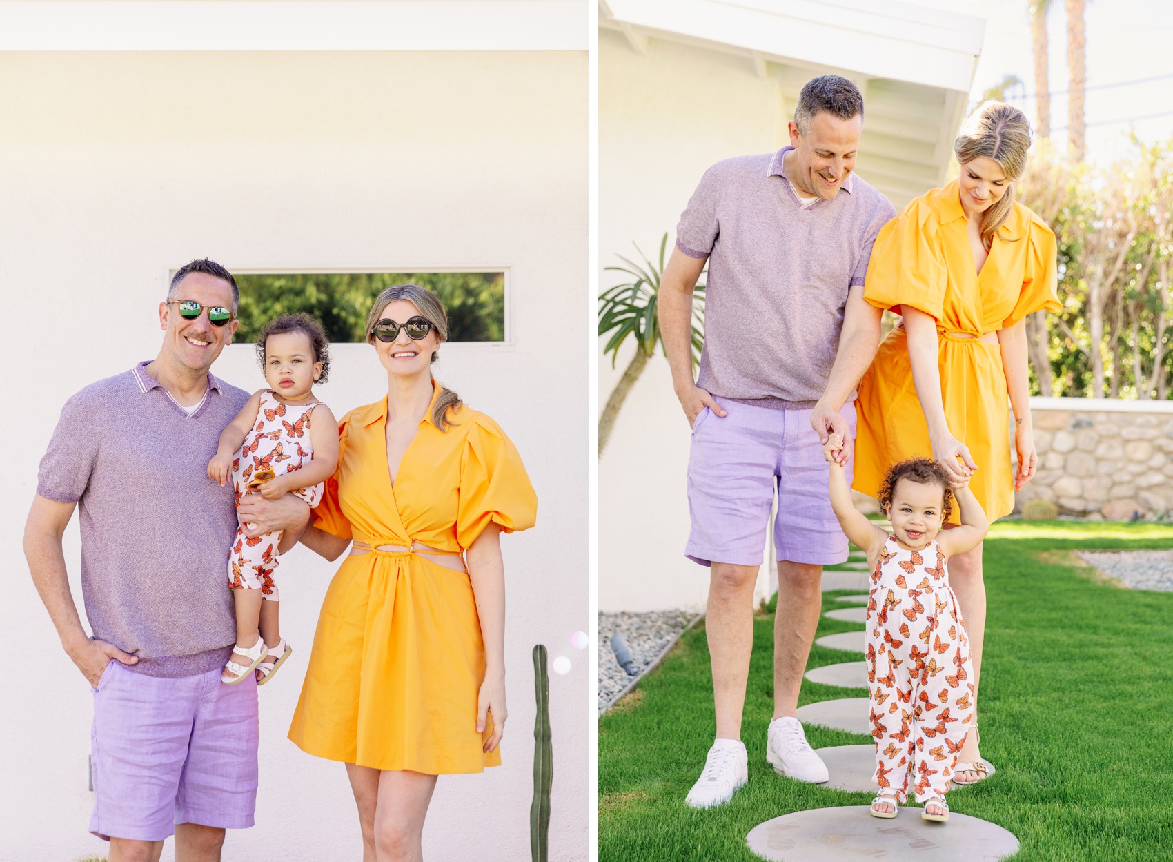 A mom and dad smile and play with their walking toddler daughter in a back garden for their Palm Springs family photographer