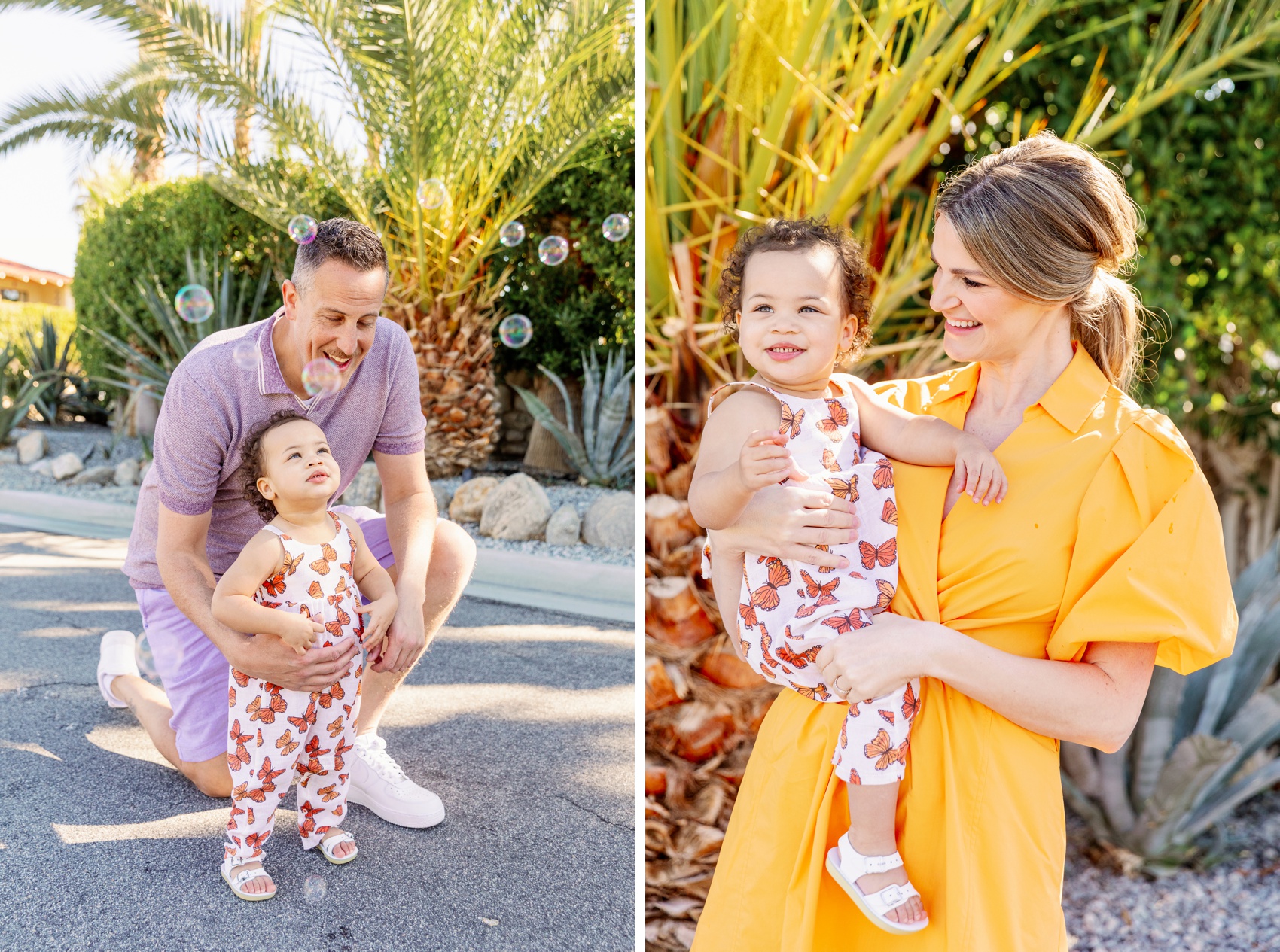 Two images of a mom and dad playing with their toddler daughter in a butterfly onesie in a desert garden for their Palm Springs family photographer
