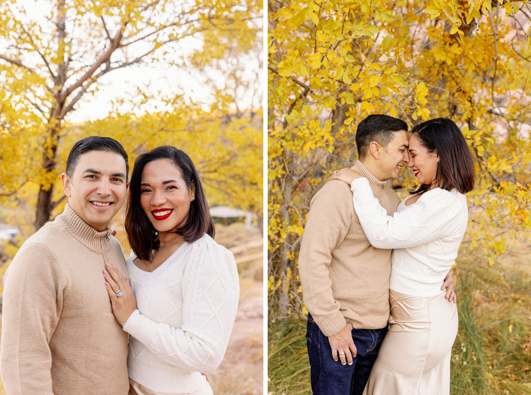 A smiling mom and dad snuggle under a yellow tree at sunset touching foreheads and smiling