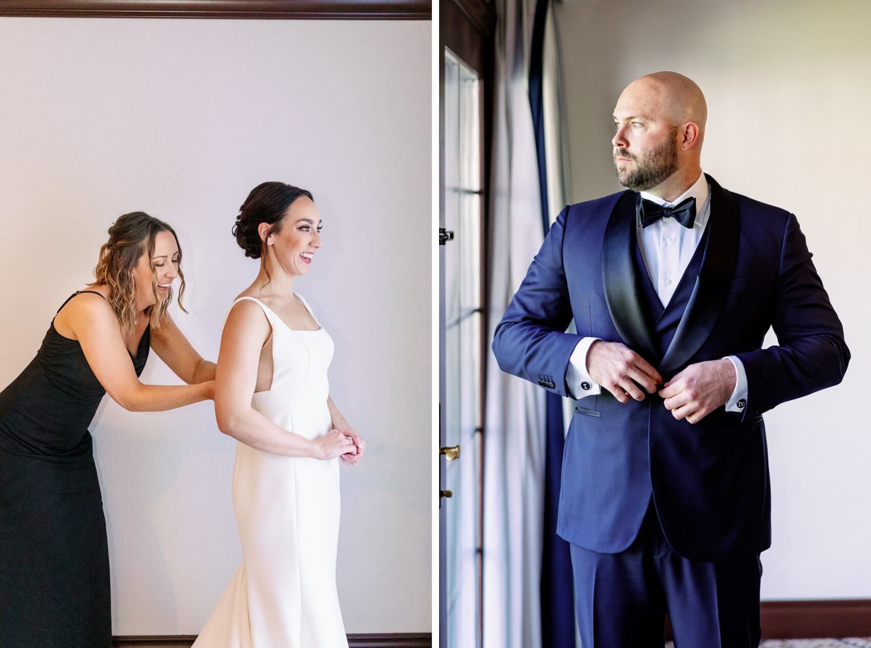 a bride is buttoned into her dress next to the groom getting ready in his blue tuxedo in a window before their rancho las palmas wedding