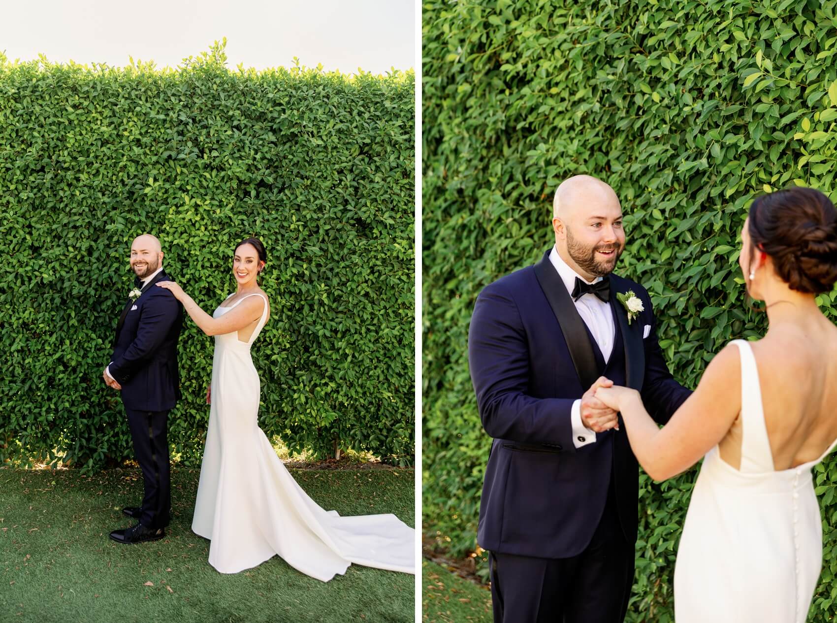 A bride taps the shoulder of her groom for their first look next to the moment he sees her before their rancho las palmas wedding