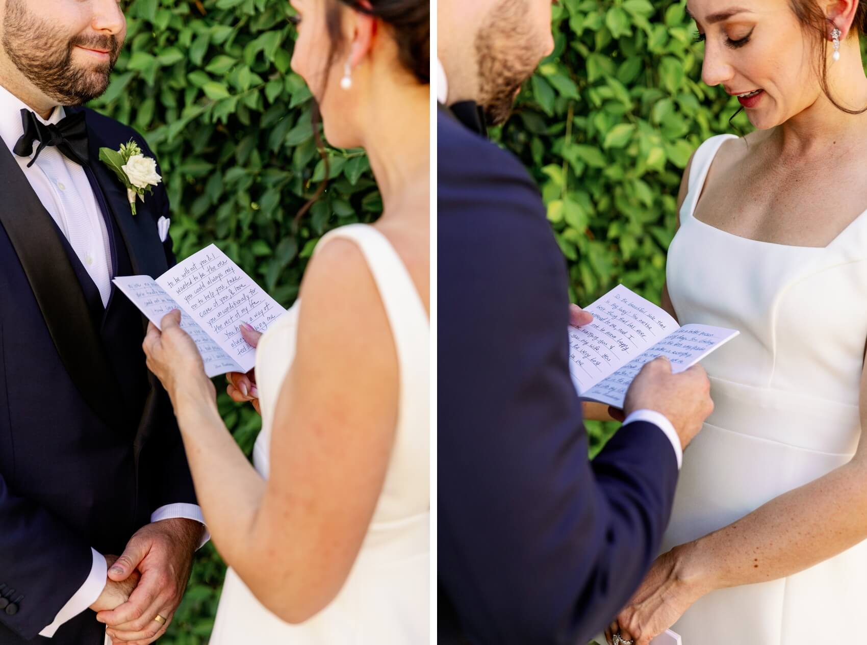 A bride and groom read each other their notes during the first look