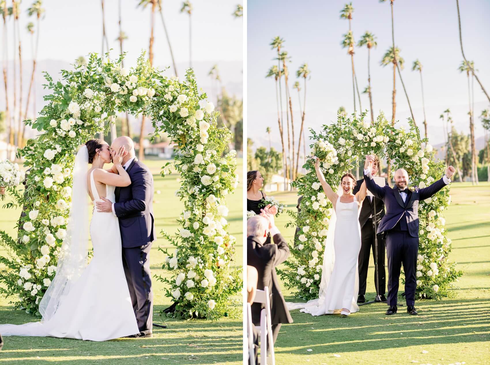 Newlyweds kiss and lift their hands up in celebration to end their outdoor rancho las palmas wedding ceremony
