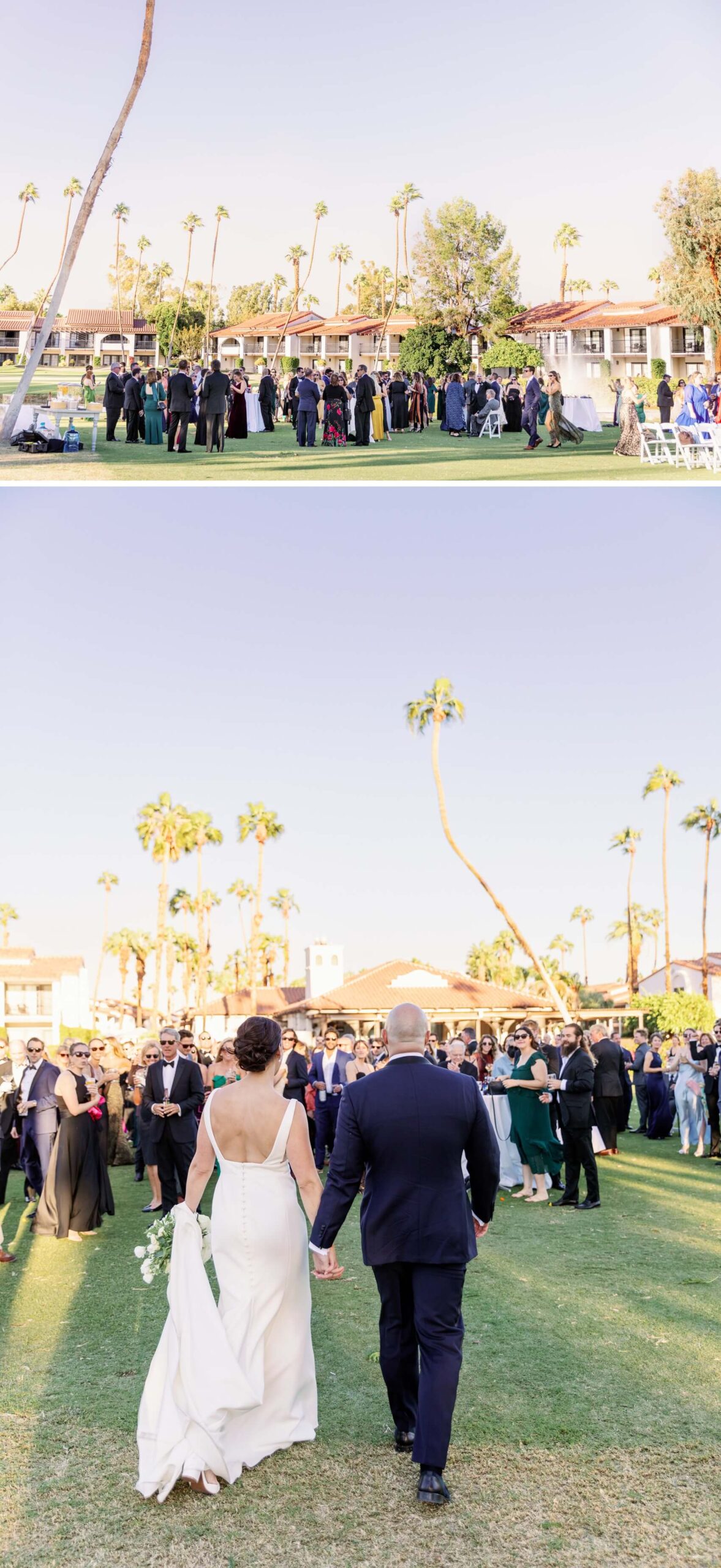 Newlyweds walk to their rancho las palmas wedding cocktail hour in a lawn holding hands