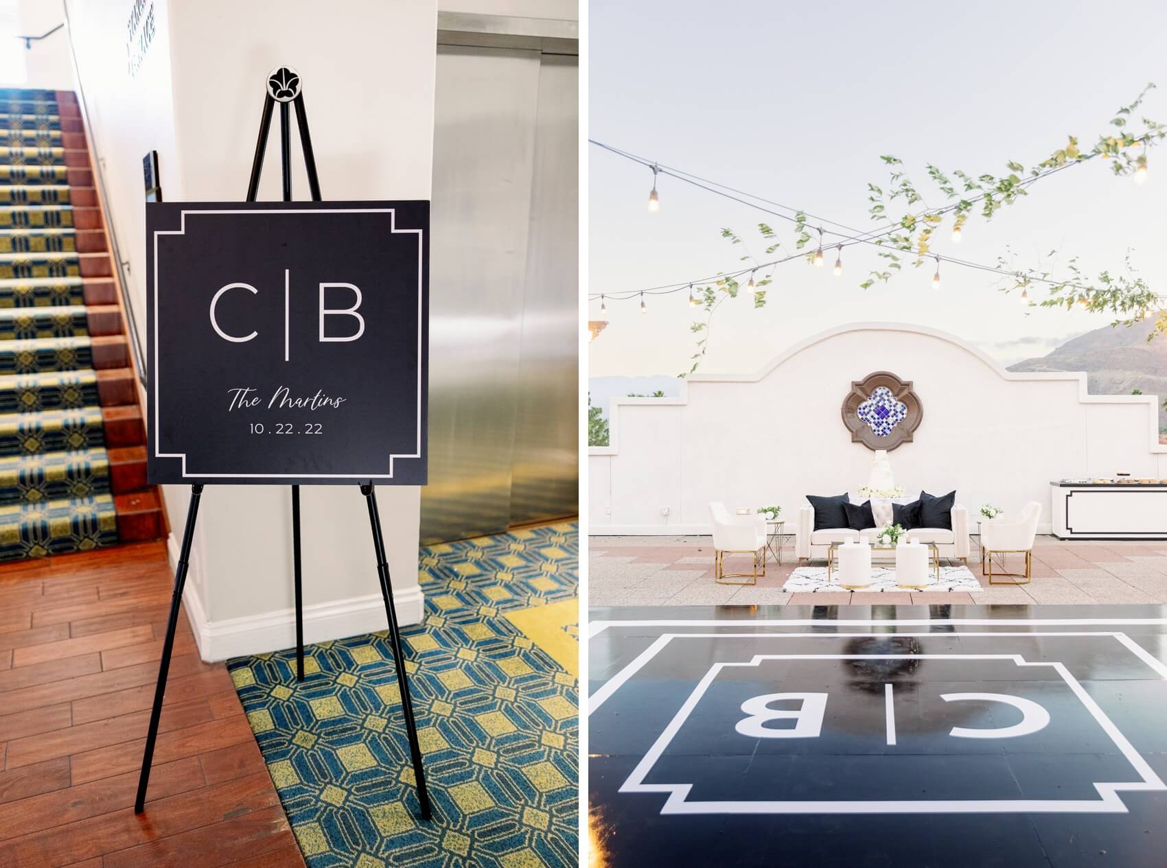 Details of a custom wedding welcome sign next to the rancho las palmas wedding venue patio wit custom dance floor