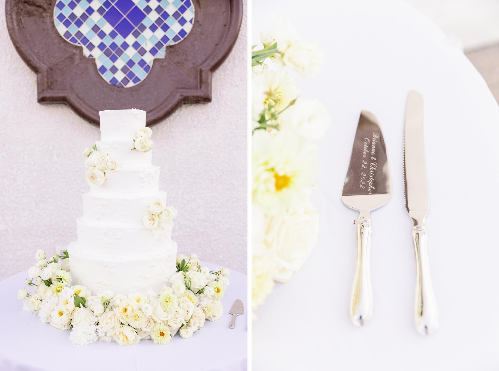 Details of a six tier wedding cake next to custom engraved serving knife