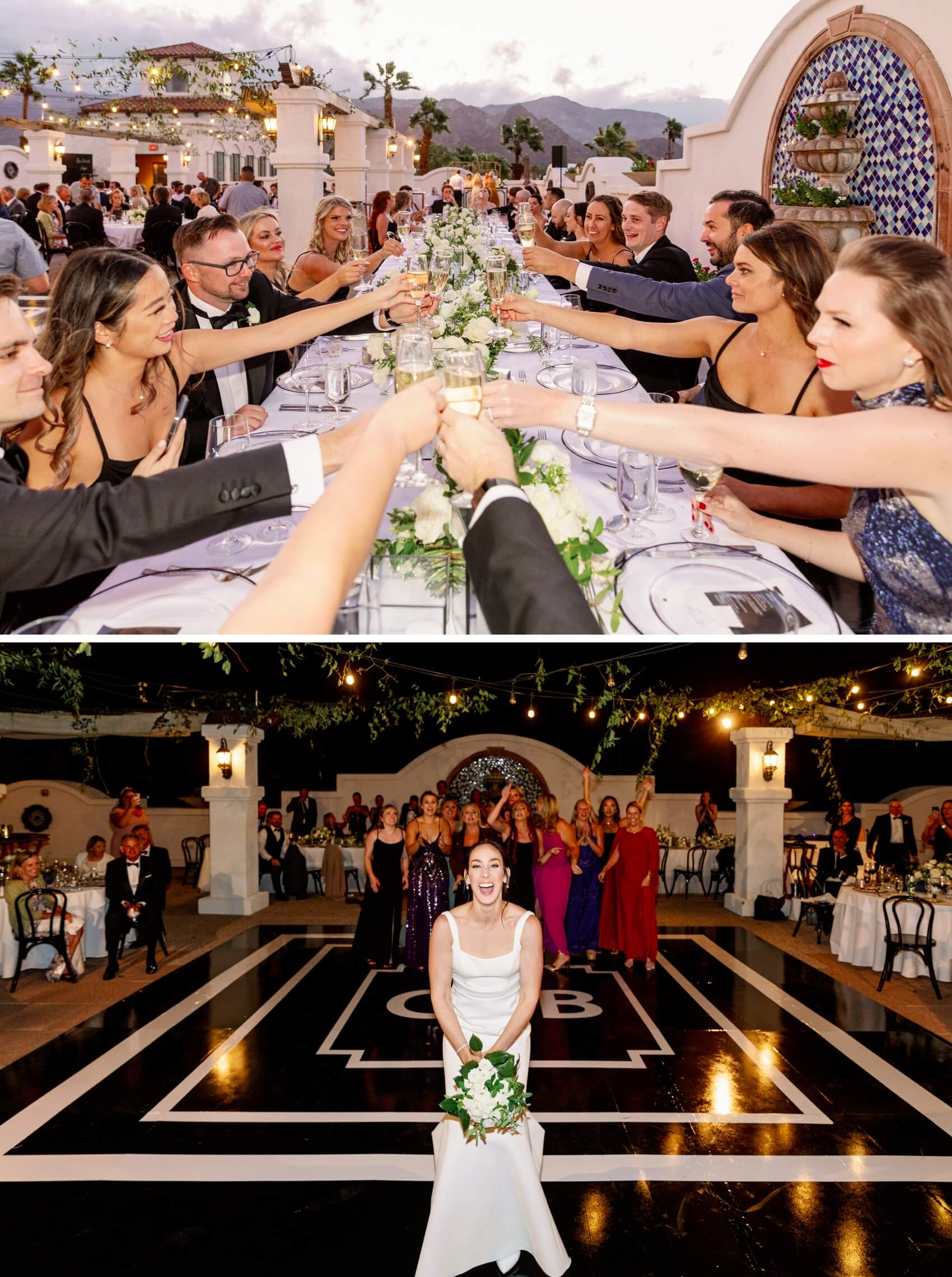A bride tosses her bouquet over her head on a custom dance floor below guests toasting champagne at a rancho las palmas wedding reception table