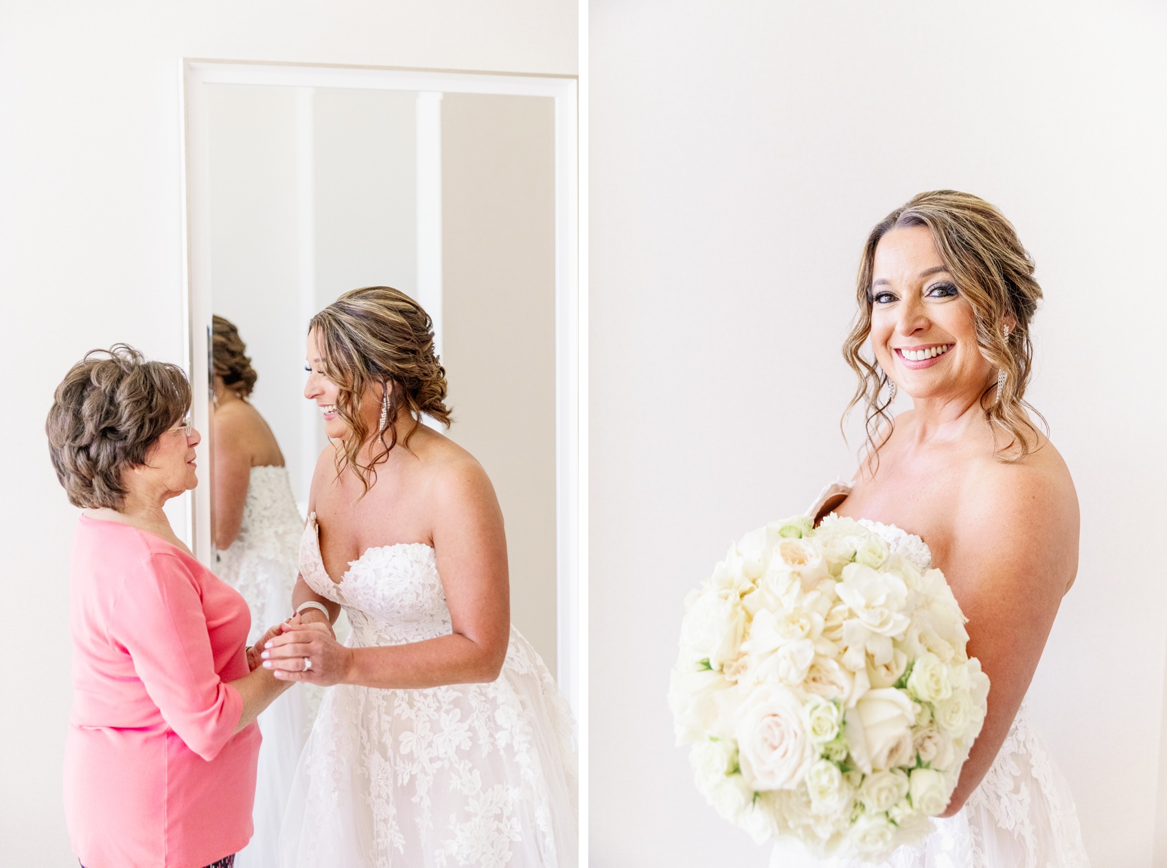 A smiling bride is congratulated by a woman in a pink shirt next to her smiling with her white rose bouquet before her resorts world wedding