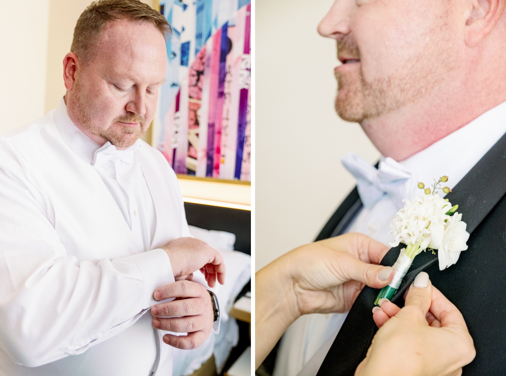 Details of a groom getting his boutonniere put on next to him doing his cufflinks