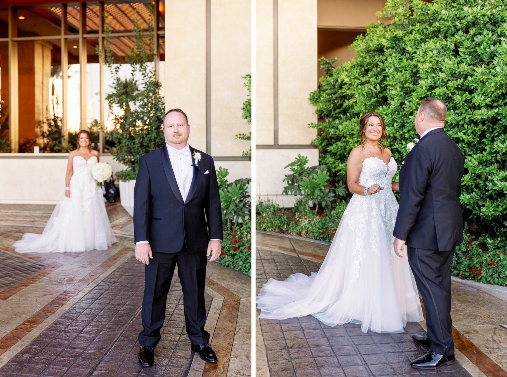 A groom waits for his bride smiling behind him for their first look seen next to it with bride smiling big seeing him before their resorts world wedding