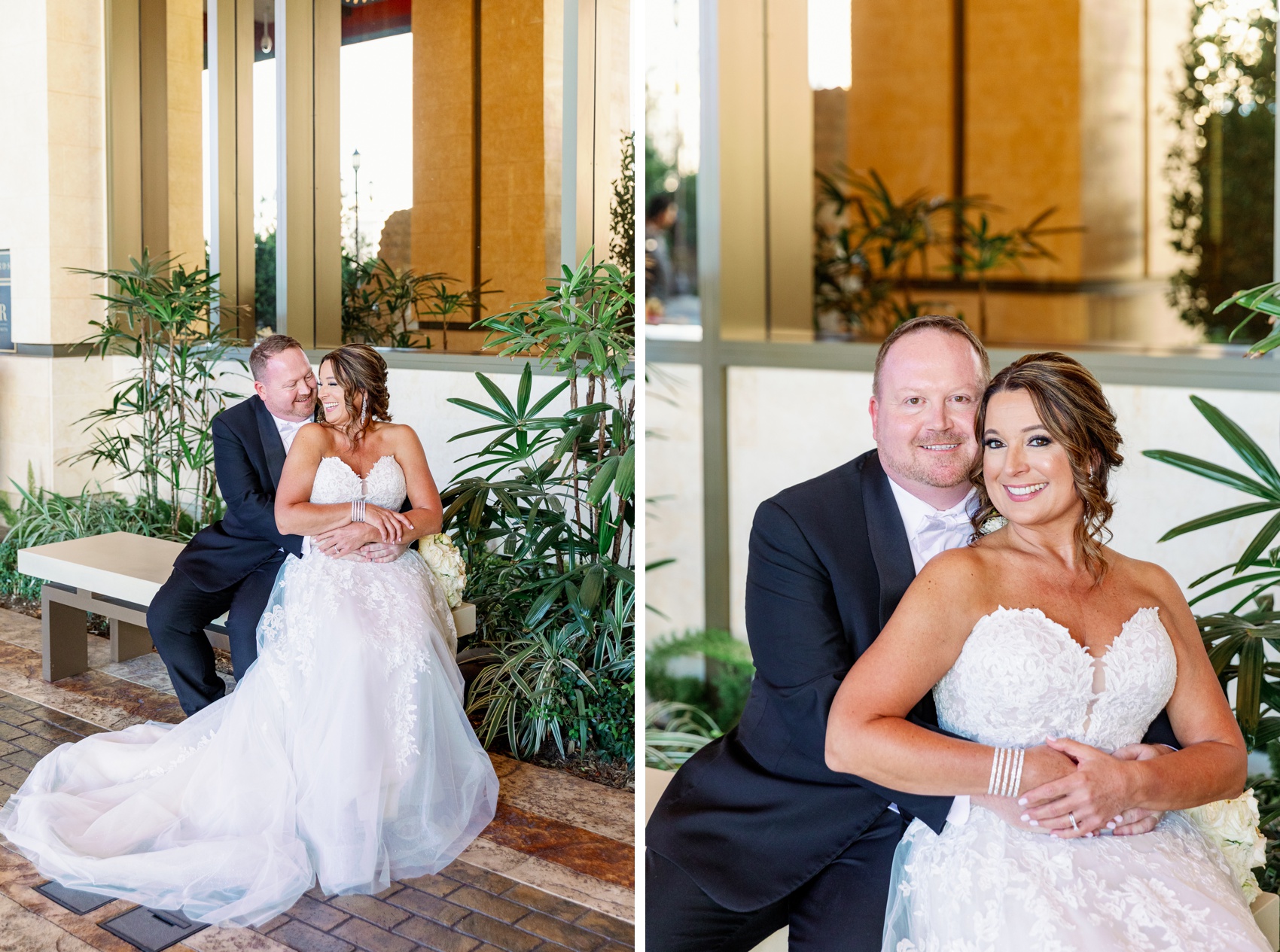 happy newlyweds giggle and cuddle on a bench during their resorts world wedding