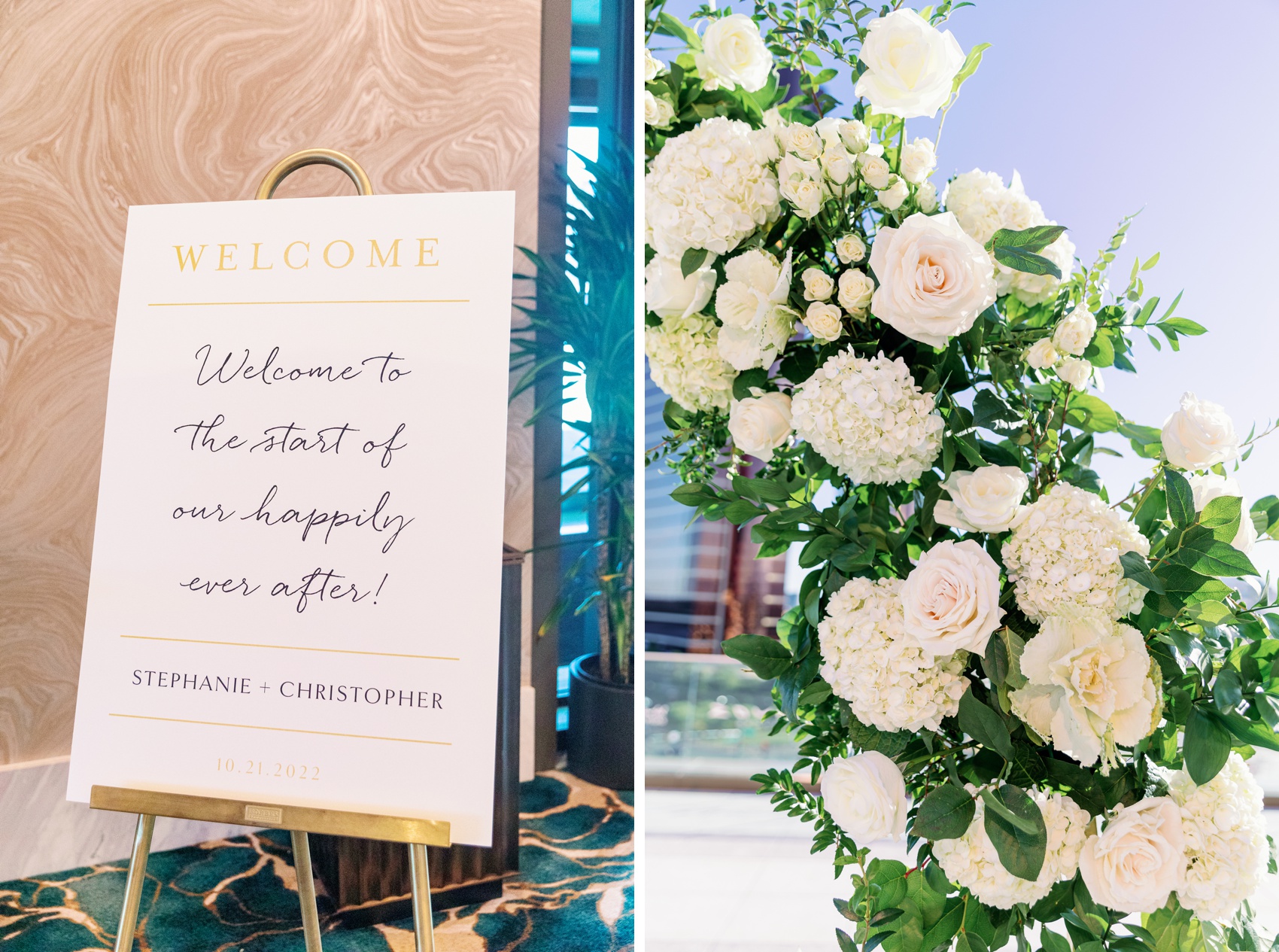 Details of a wedding welcome sign next to white roses