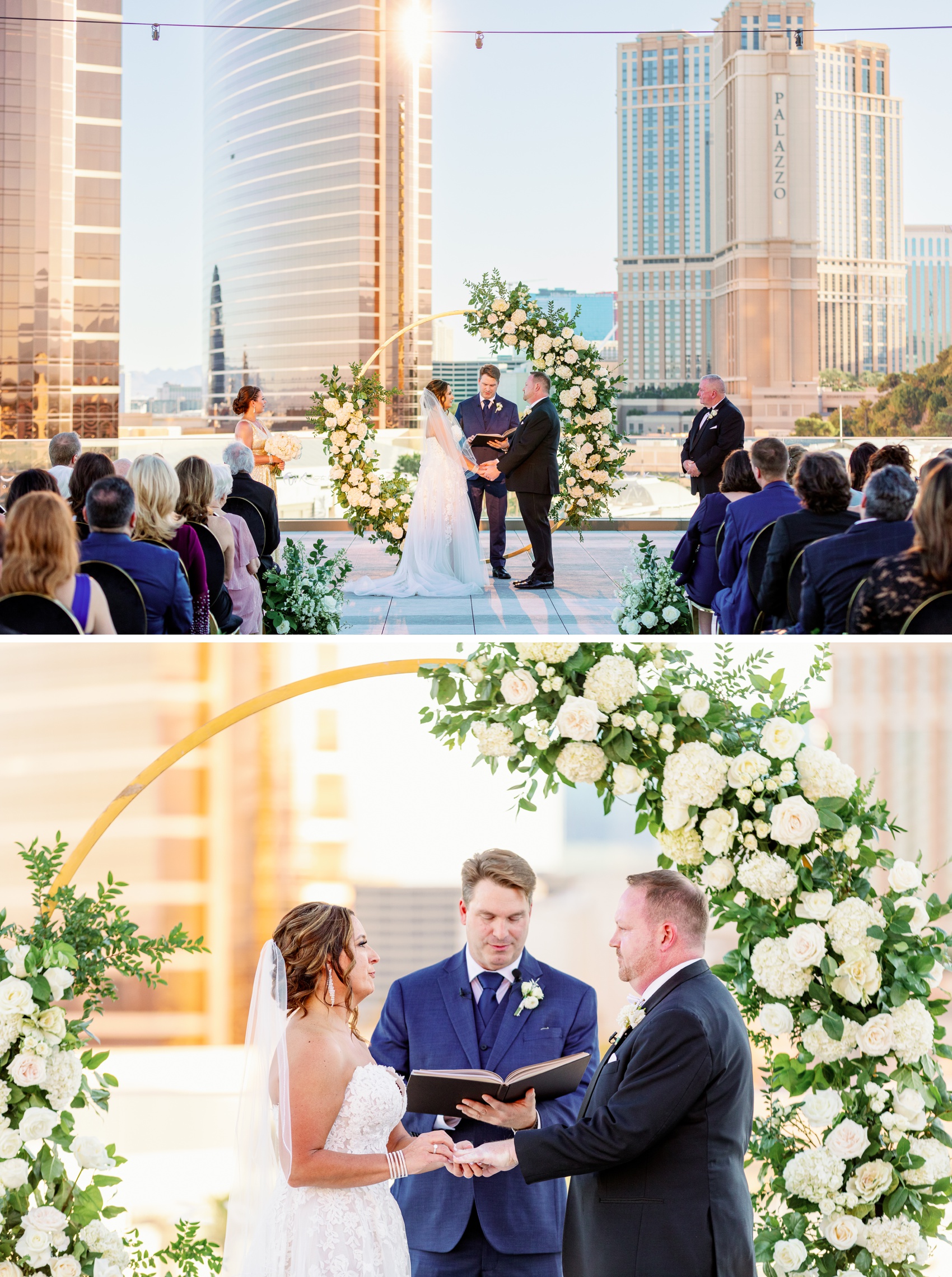 a bride and groom hold hands and listen to their officiant during their resorts world rooftop wedding ceremony
