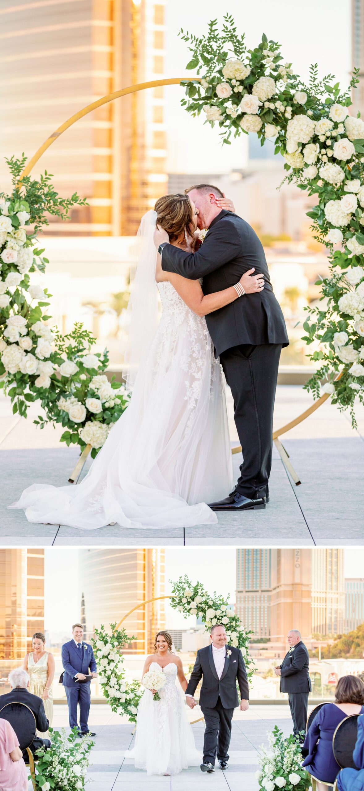a bride and groom kiss at their flower arch ceremony arbor above them walking holding hands during their resorts world wedding ceremony
