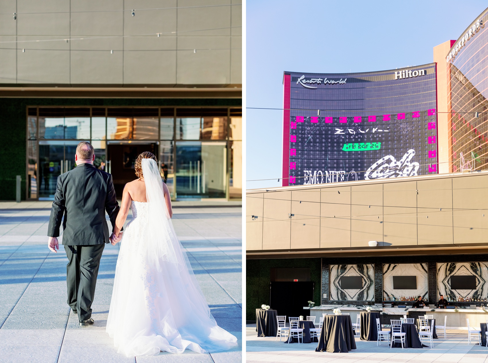 Newlyweds walk holding hands at sunset on the rooftop towards the bar shown next to them under the towering Las Vegas hotel