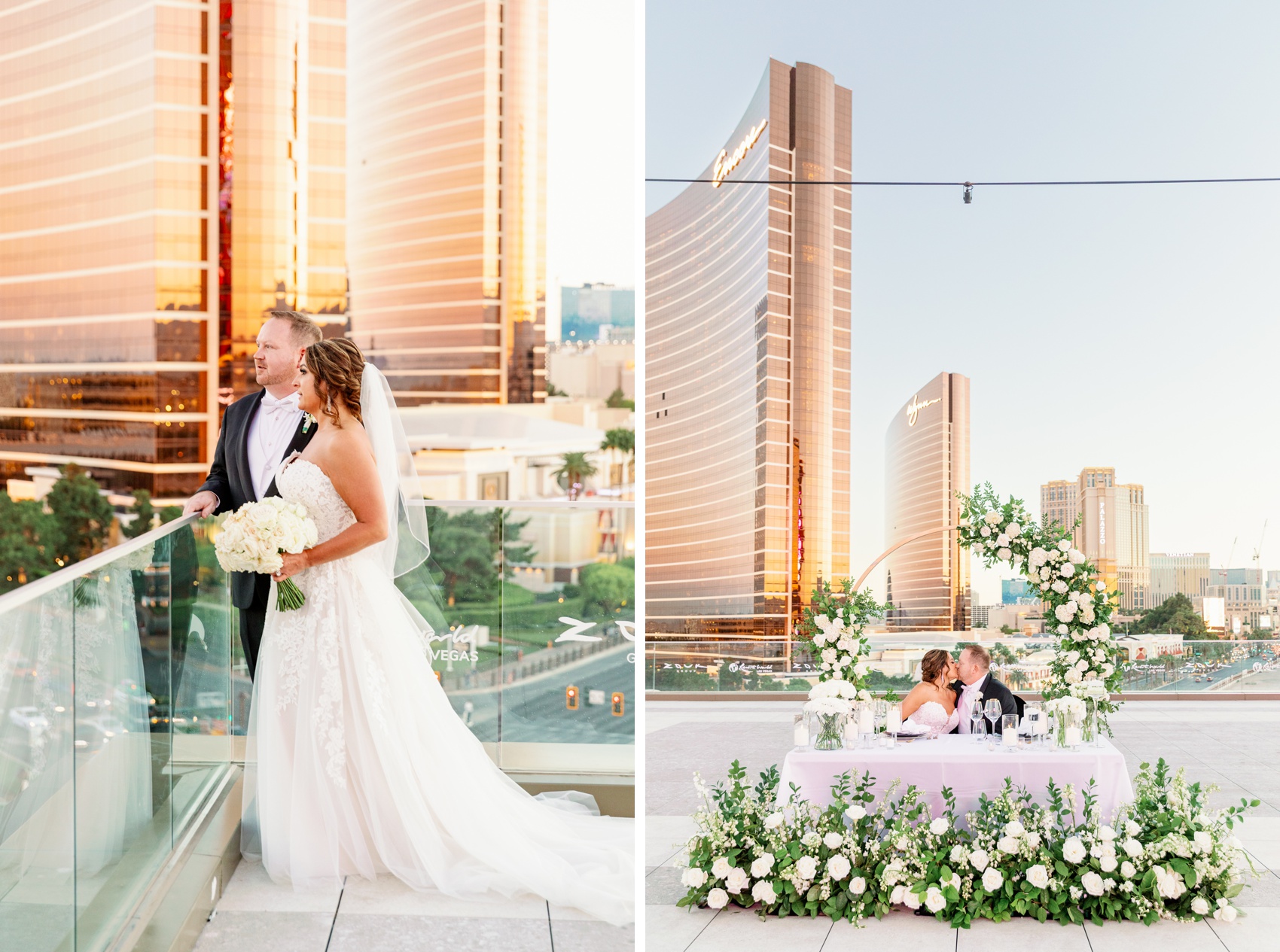 Newlyweds admire the vegas strip from the rooftop of resorts world wedding venue next to them kissing at their white rose covered head table