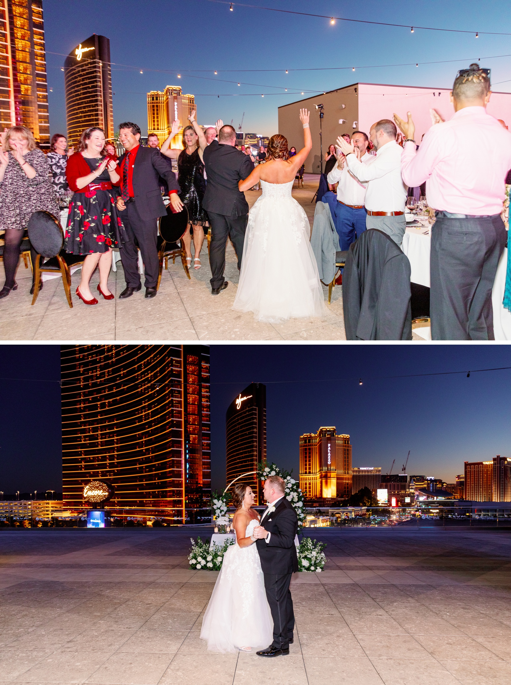 Newlyweds enter their rooftop resorts world wedding reception to applause from guests above their first dance just after sunset
